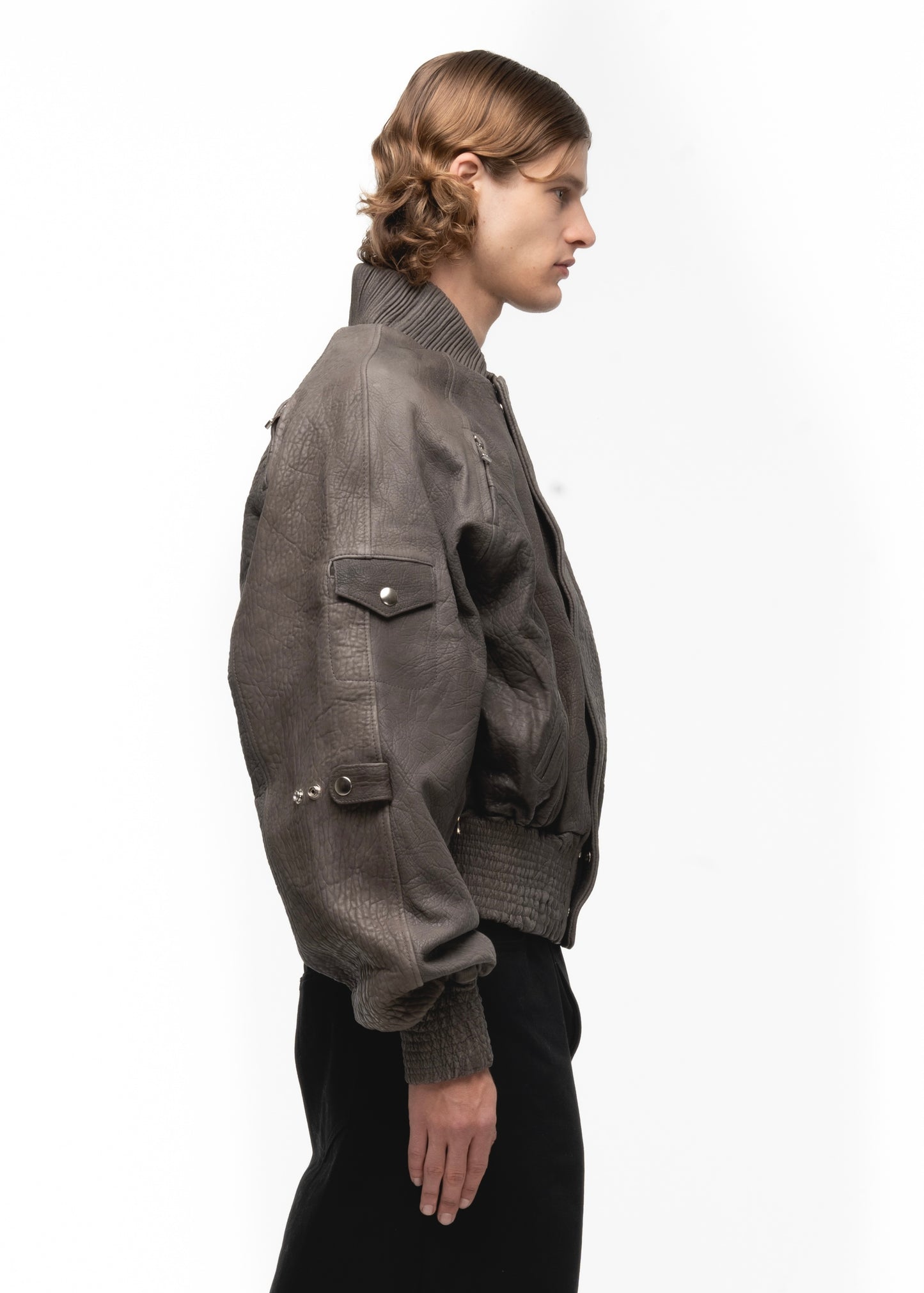 GREY DRIED CONCRETE LEATHER BOMBER