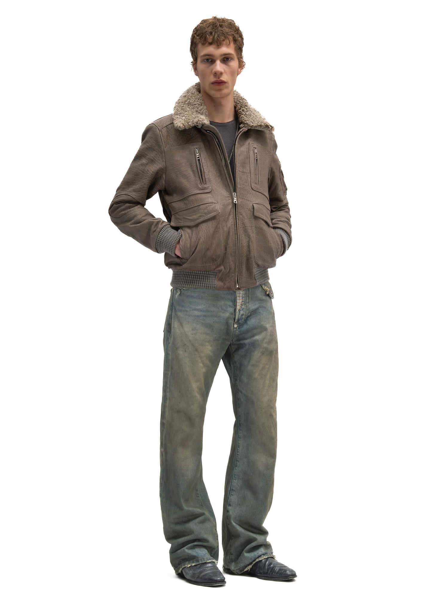 AVIATOR FUR LEATHER JACKET GREY