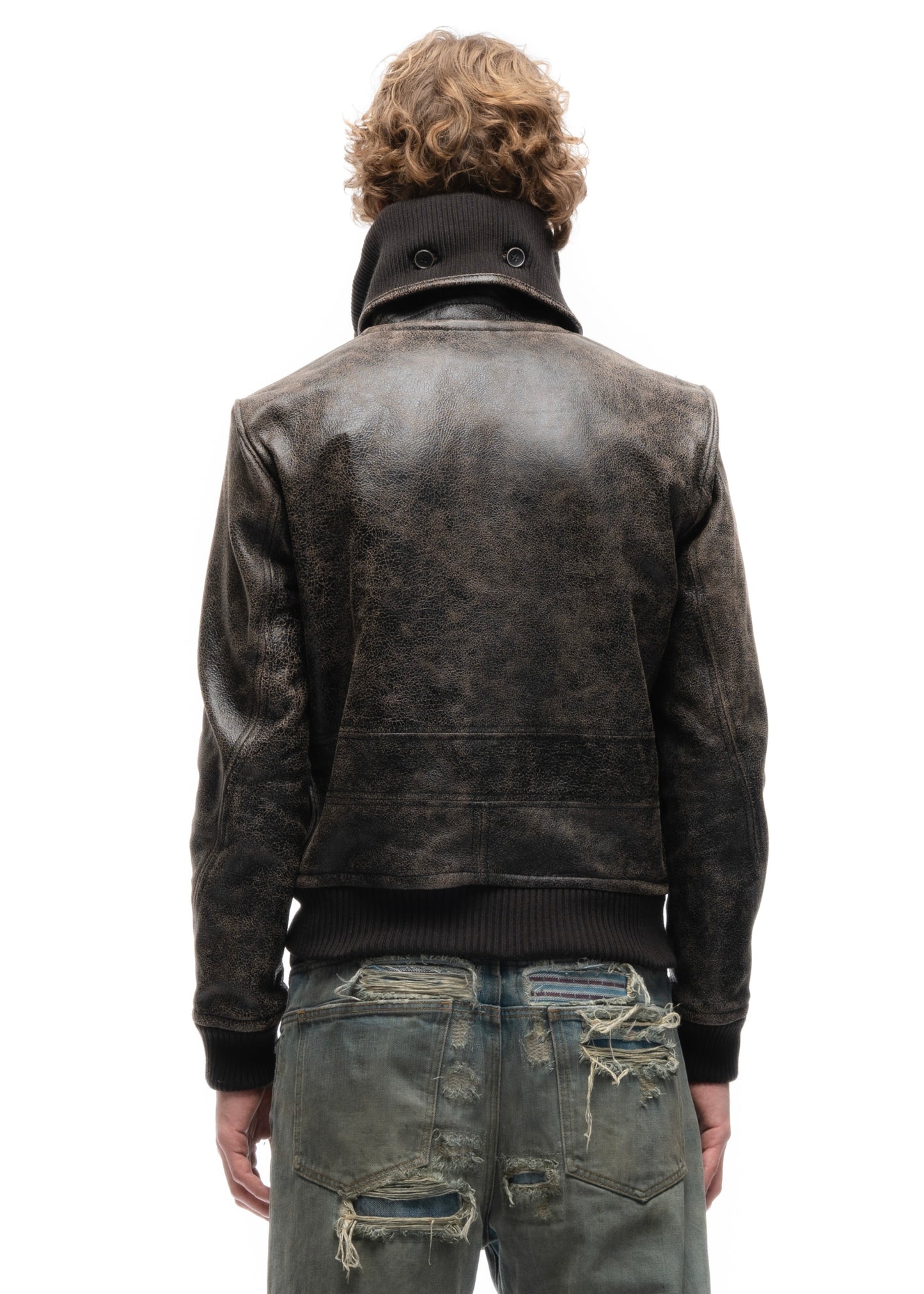 COLLAR UP BUTTON LEATHER JACKET CRACKED USED