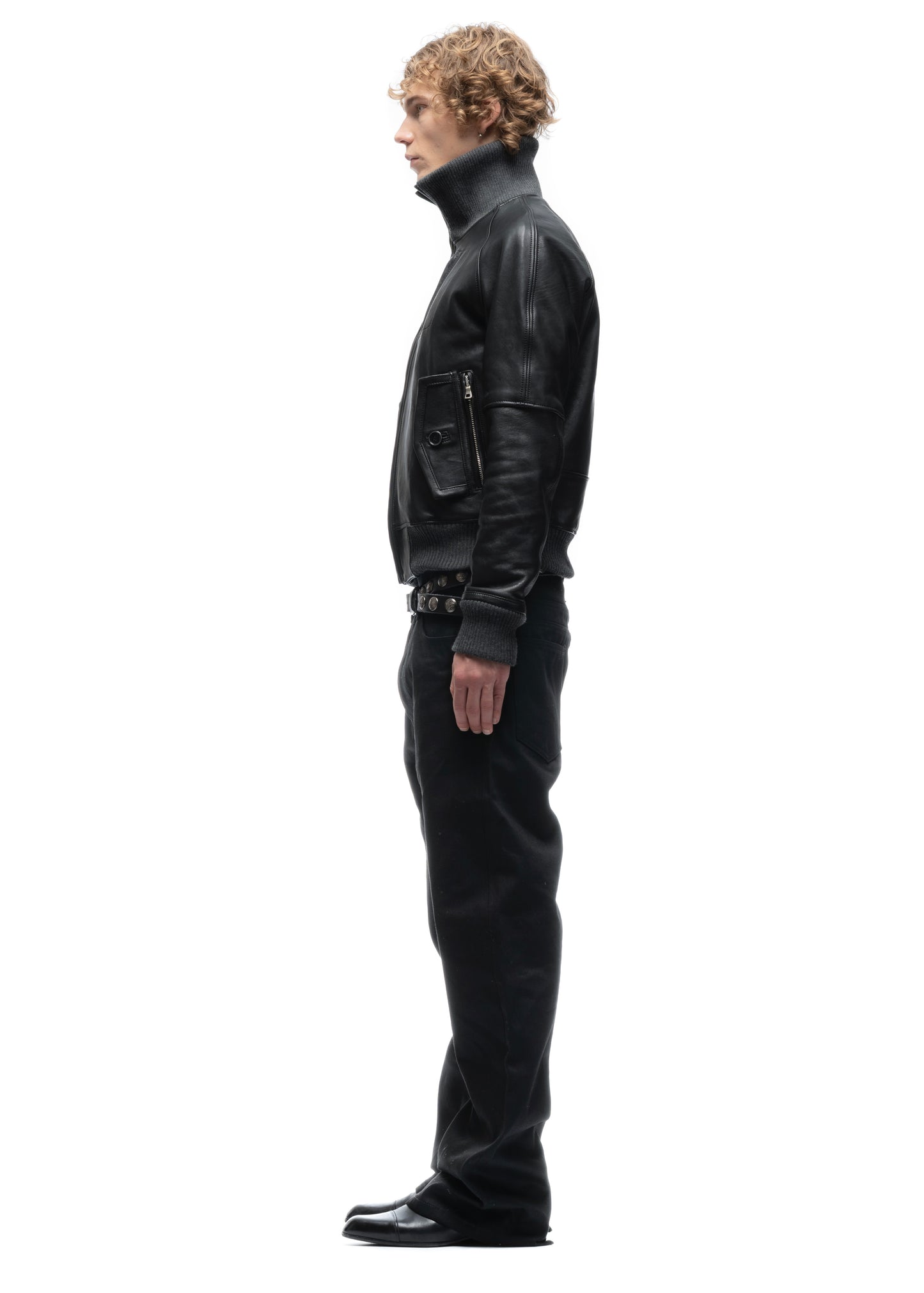 BIKER HIGH COLLAR ZIP LEATHER JACKET