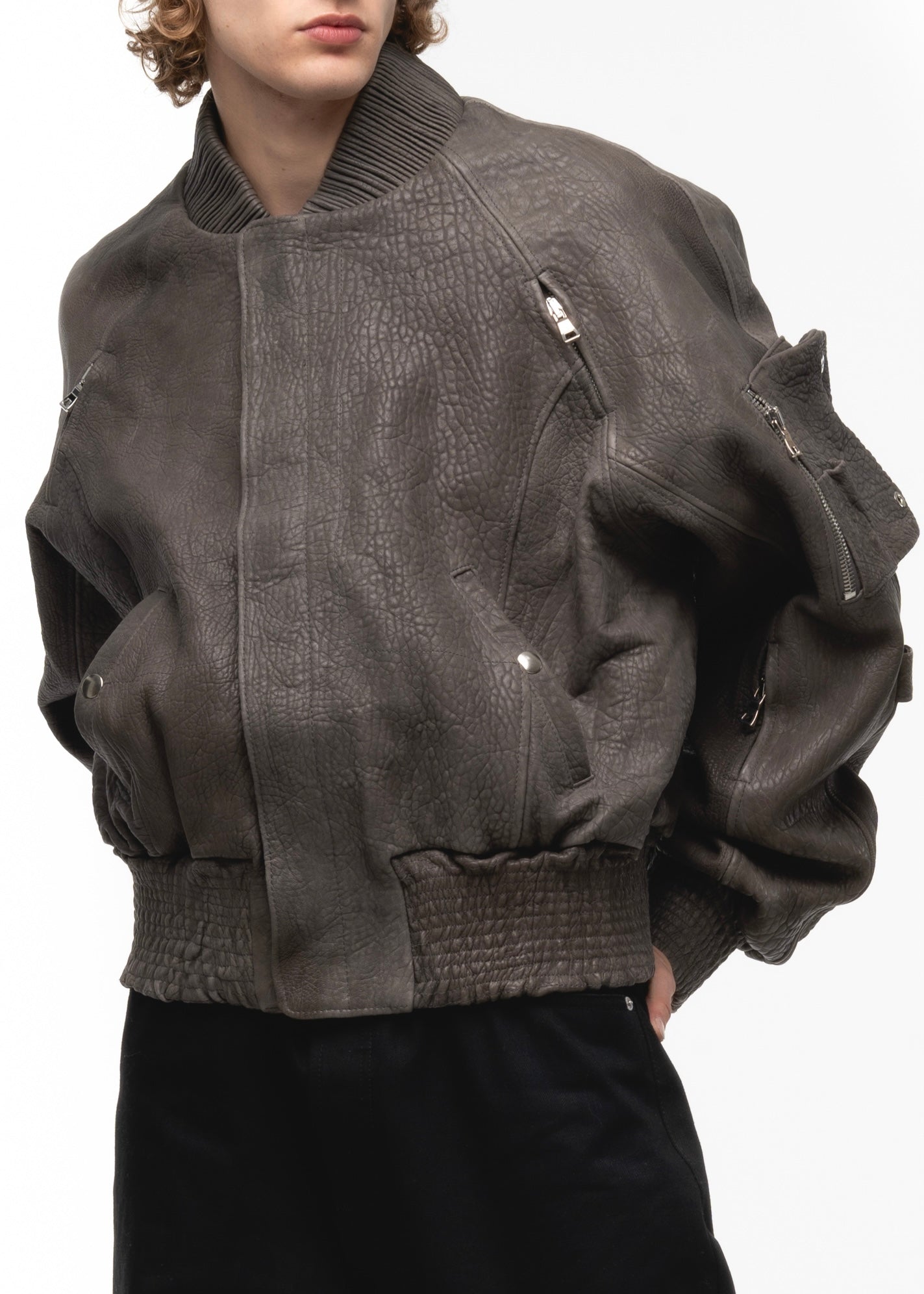 GREY DRIED CONCRETE LEATHER BOMBER