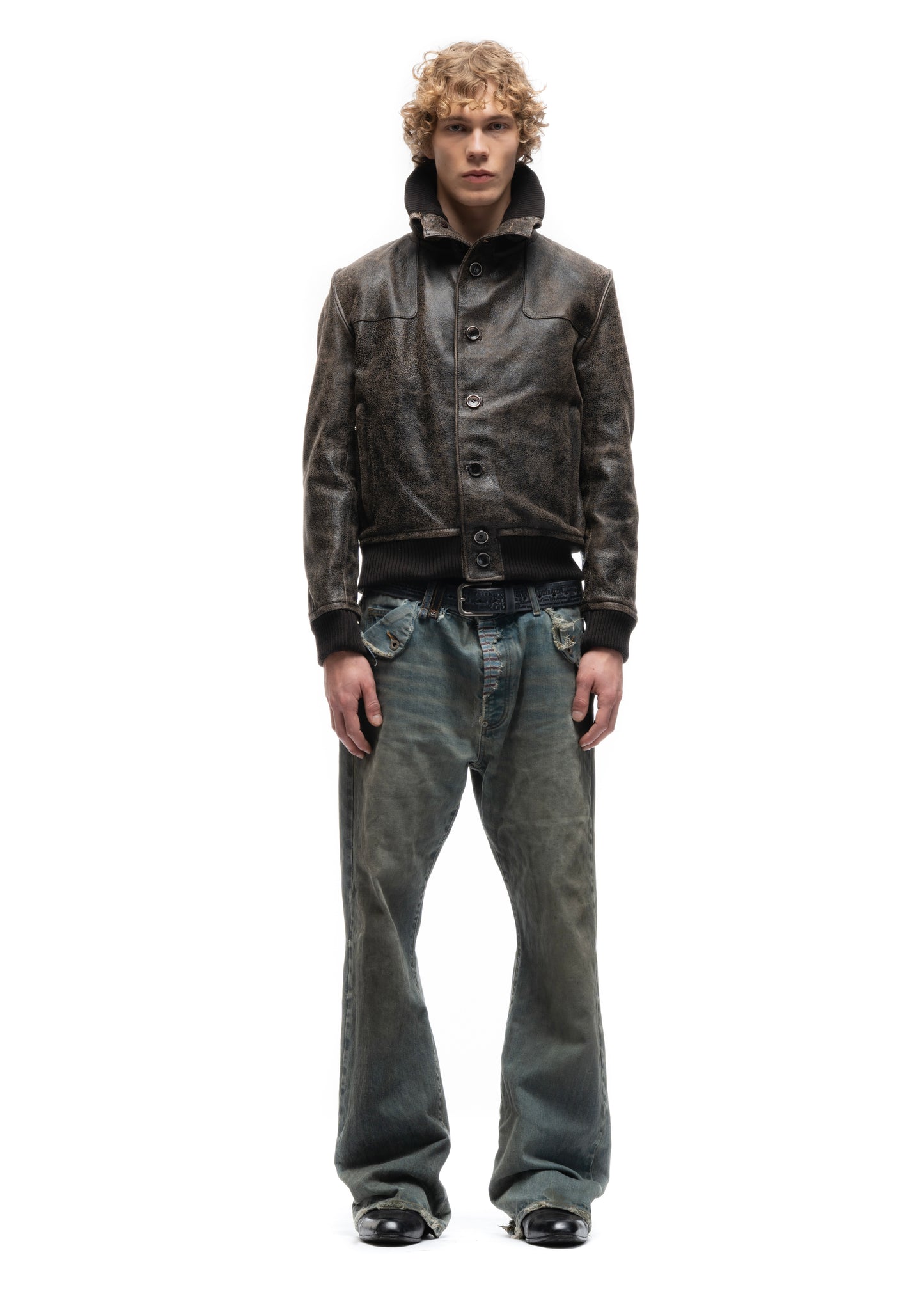 COLLAR UP BUTTON LEATHER JACKET CRACKED USED