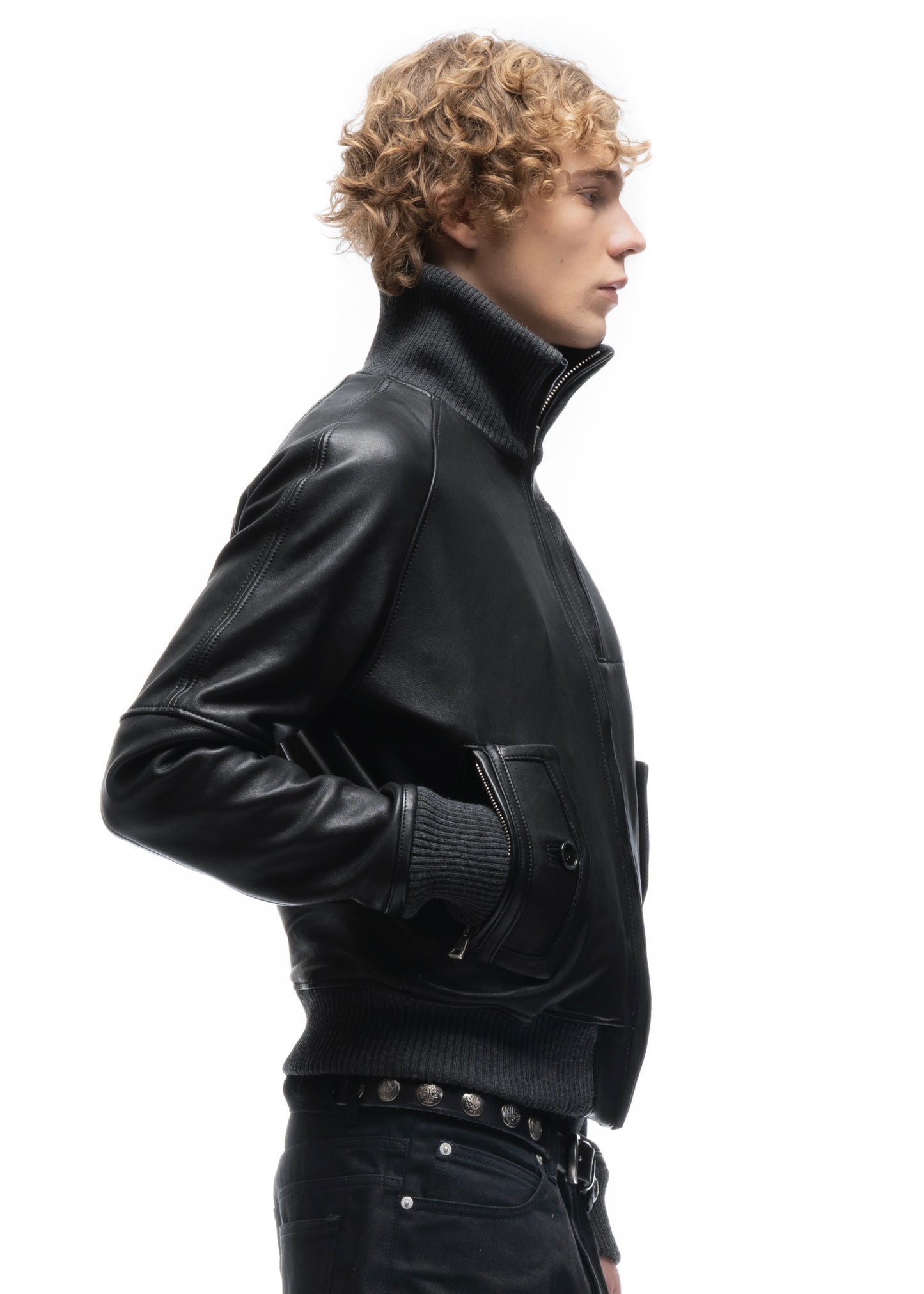 BIKER HIGH COLLAR ZIP LEATHER JACKET