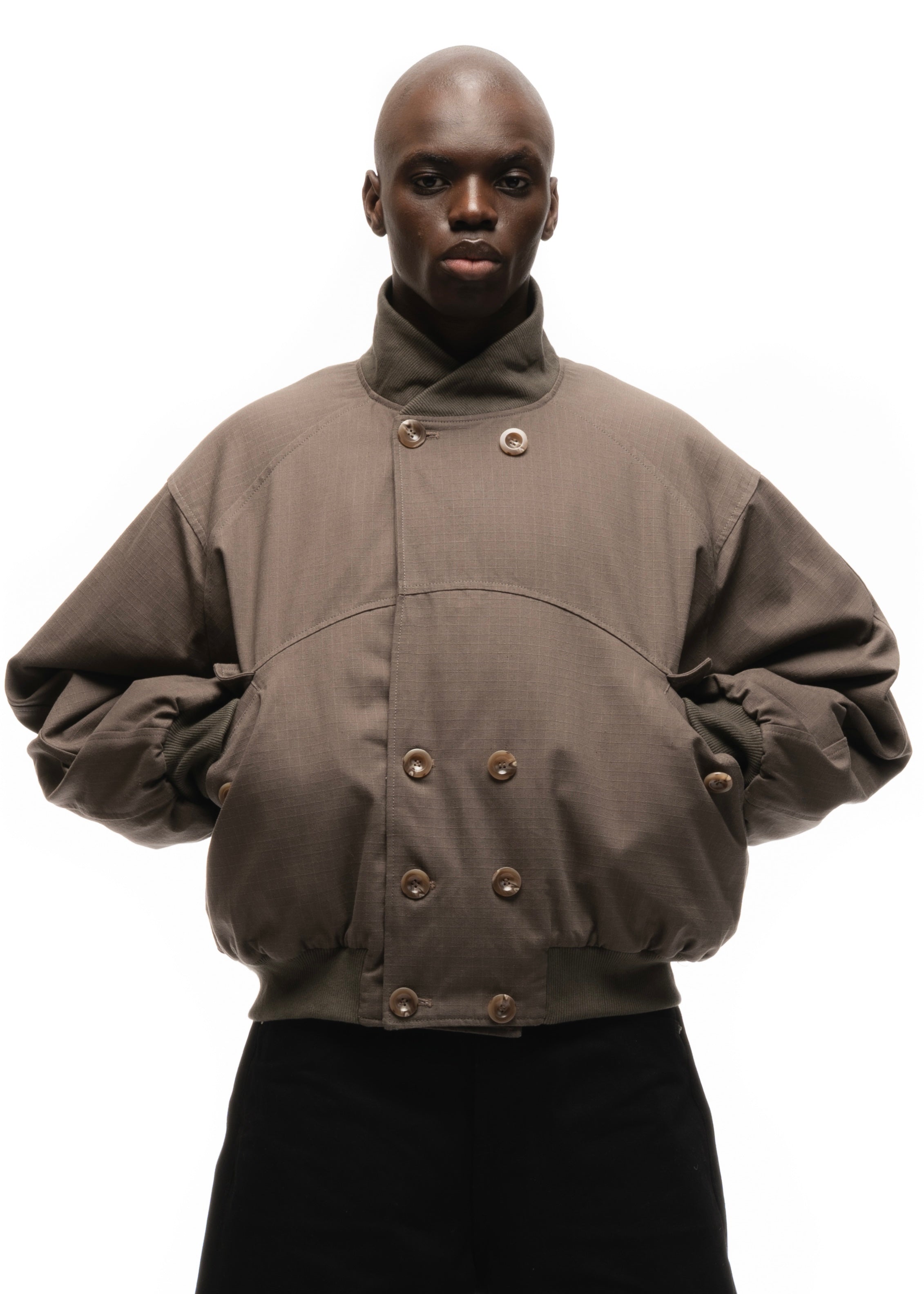 DOUBLE BUTTON BOMBER JACKET STRUCTURED STONE – NO/FAITH STUDIOS