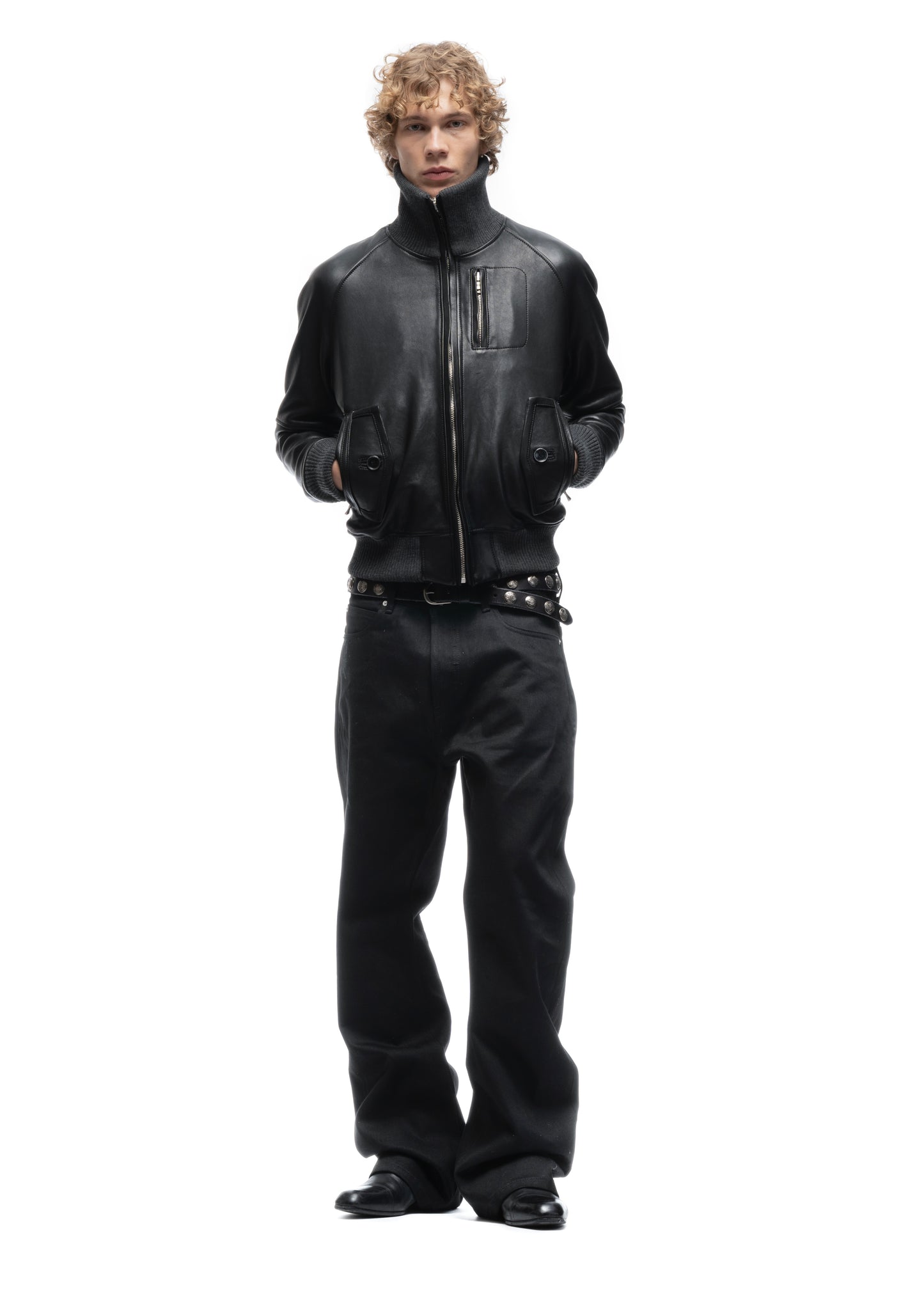 BIKER HIGH COLLAR ZIP LEATHER JACKET