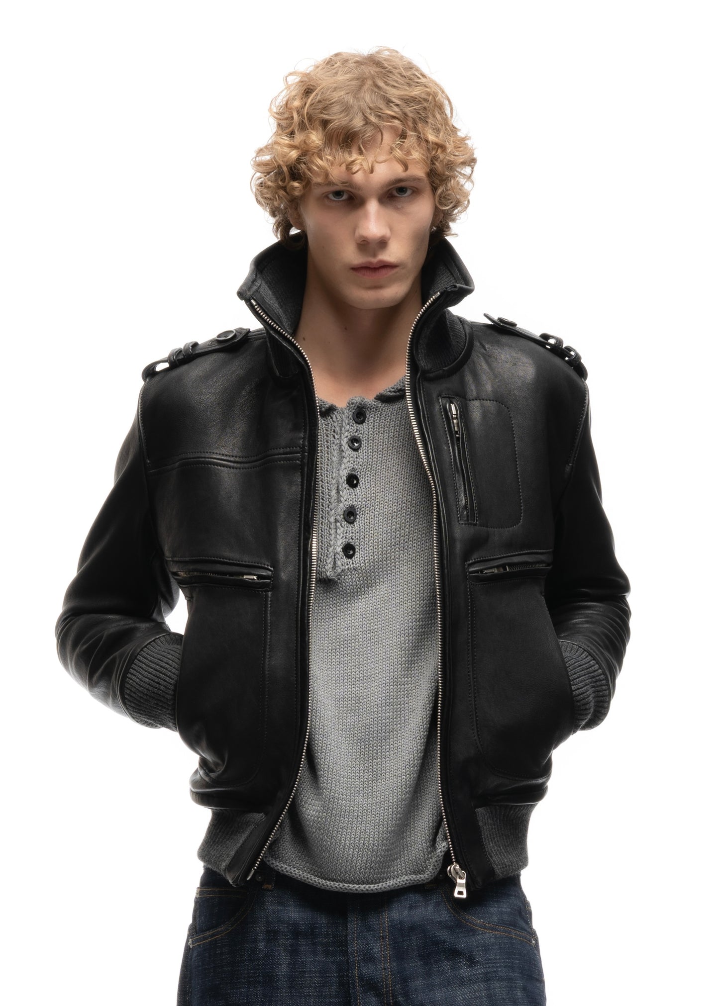 BUTTON KNIT SWEATER GREY