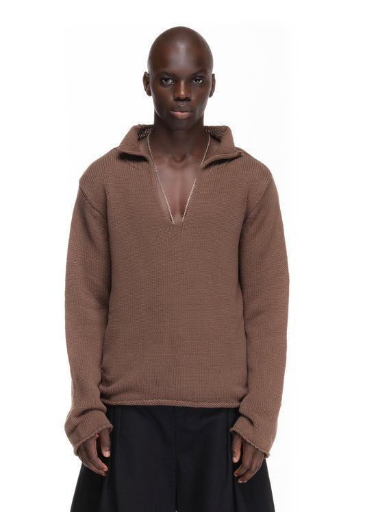 V KNIT SWEATER BROWN