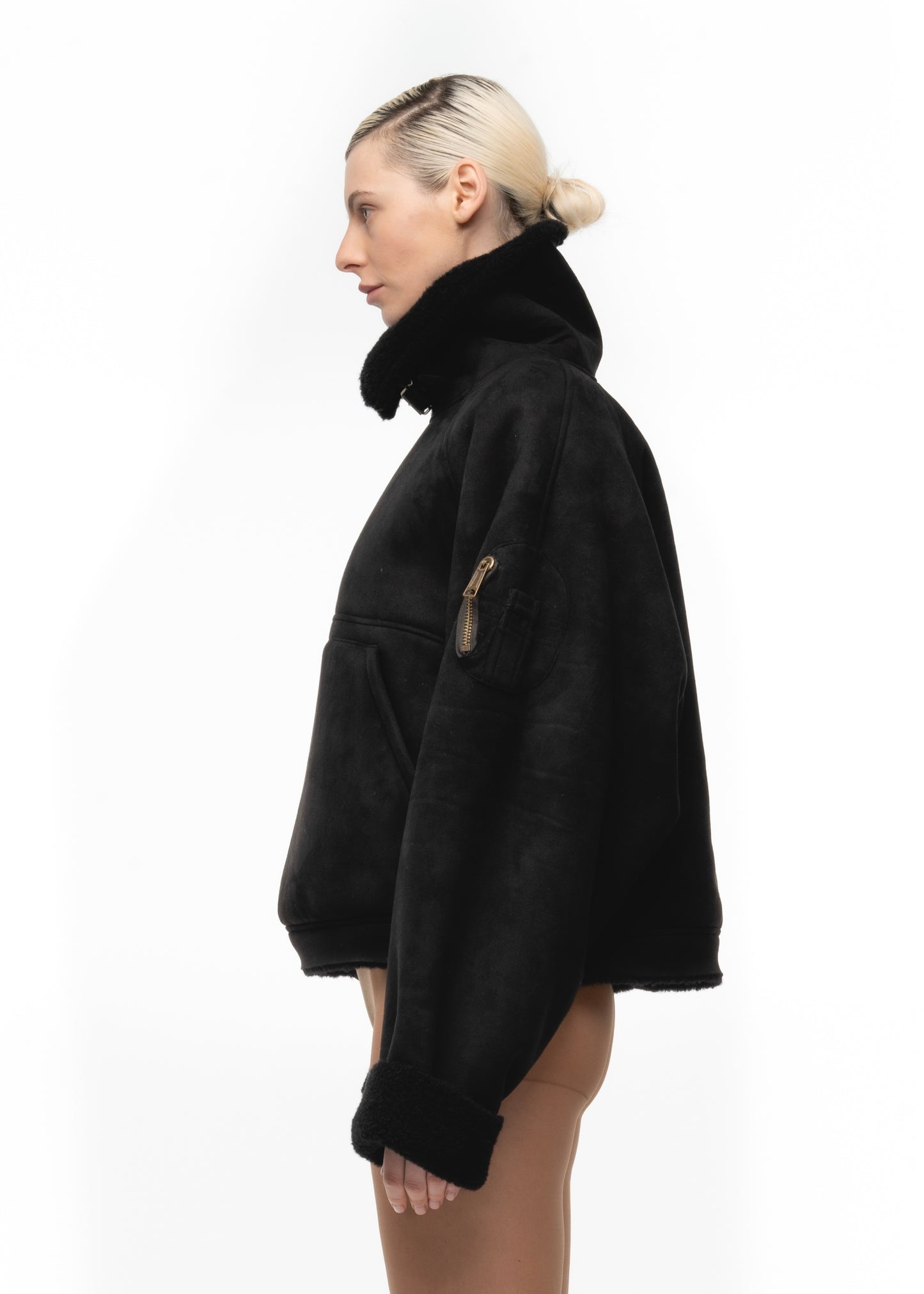 HEAVY FLIGHT SHEARLING HOODIE BLACK WOMEN'S CUT