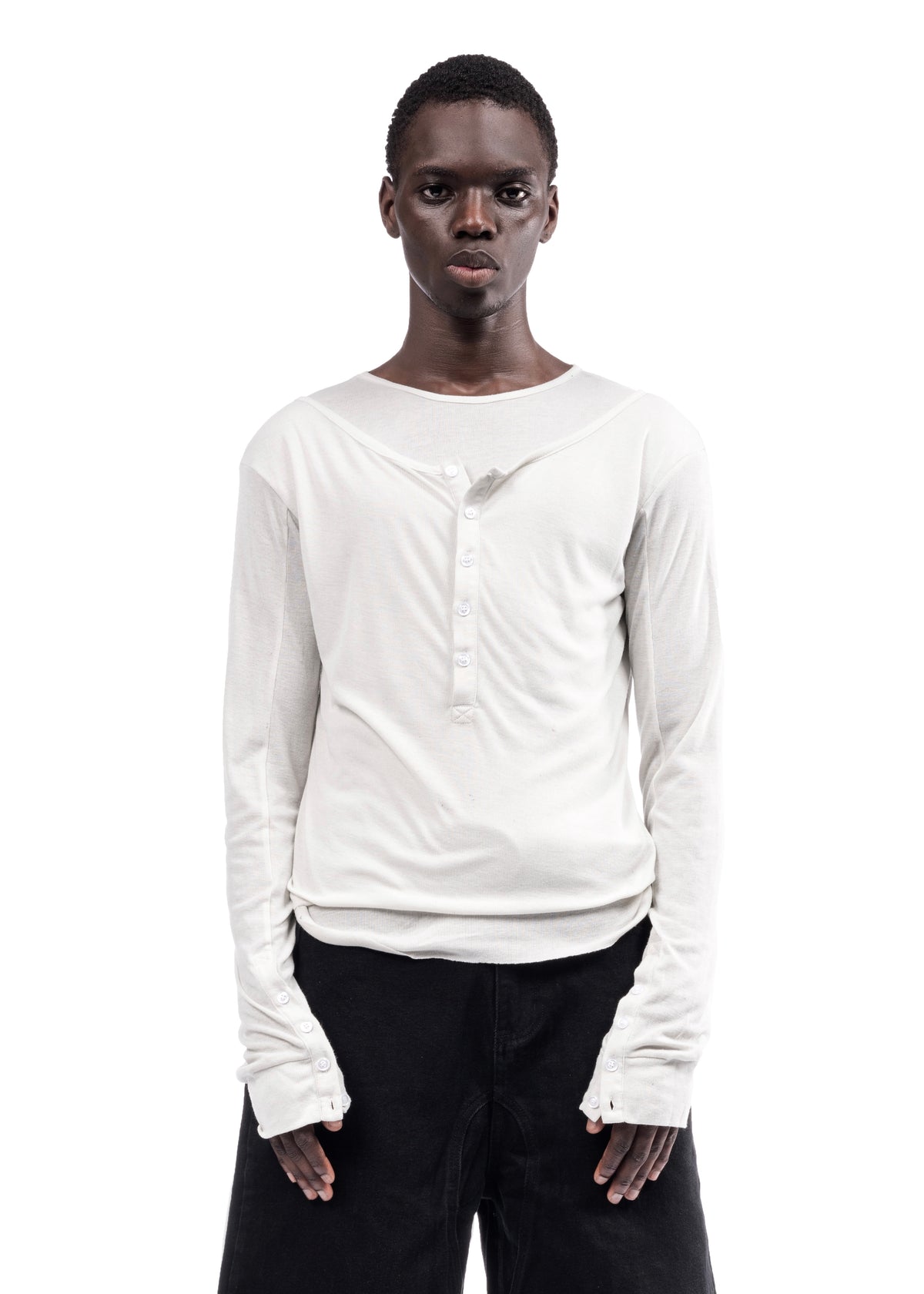 DOUBLE-LAYERED BUTTON ORGANIC COTTON LONGSLEEVE WHITE