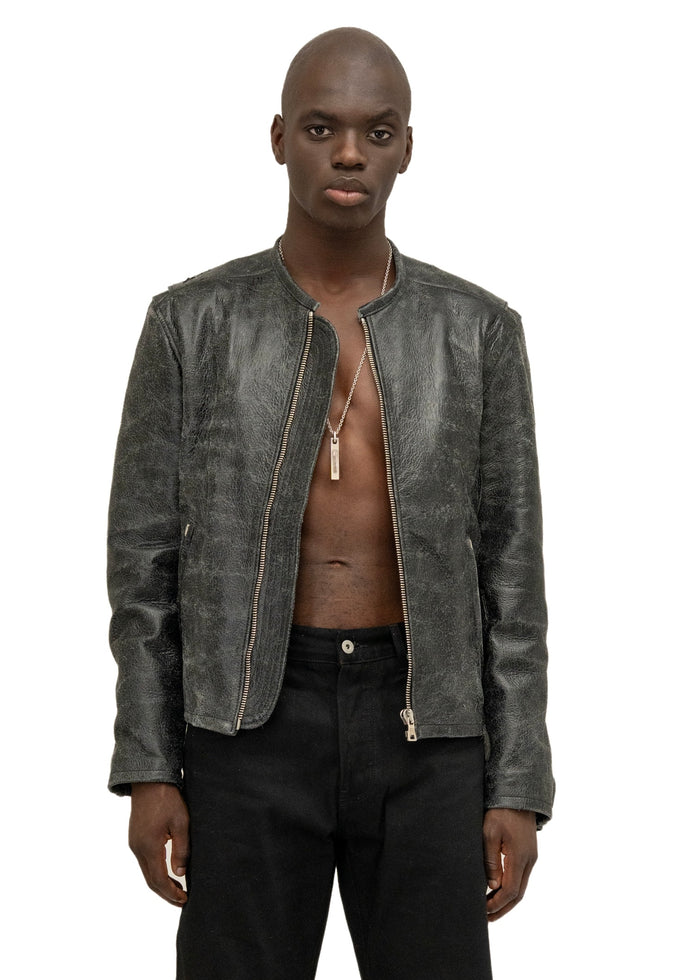 CRACKED BLACK RACER CUT LEATHER JACKET