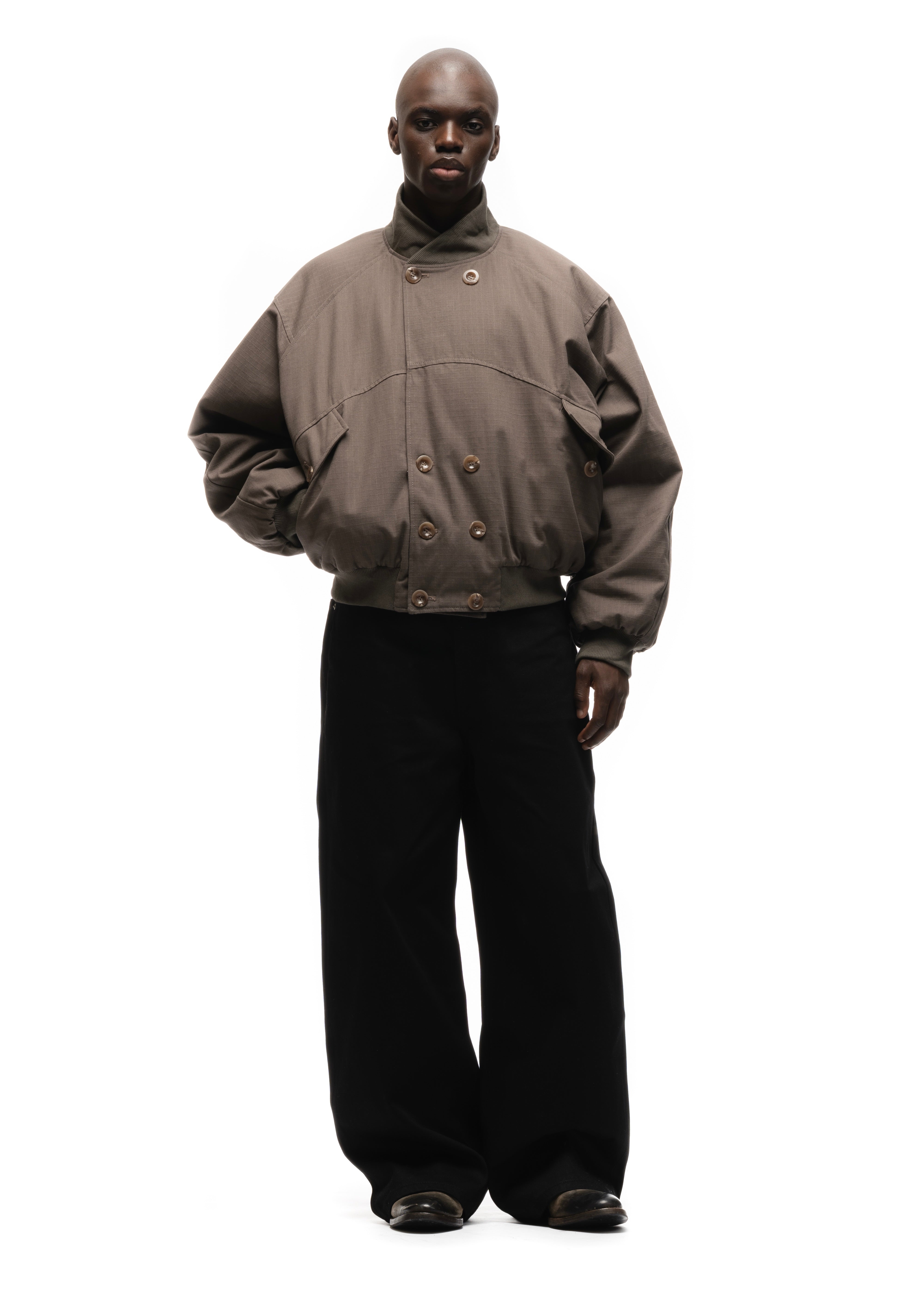 DOUBLE BUTTON BOMBER JACKET STRUCTURED STONE – NO/FAITH STUDIOS