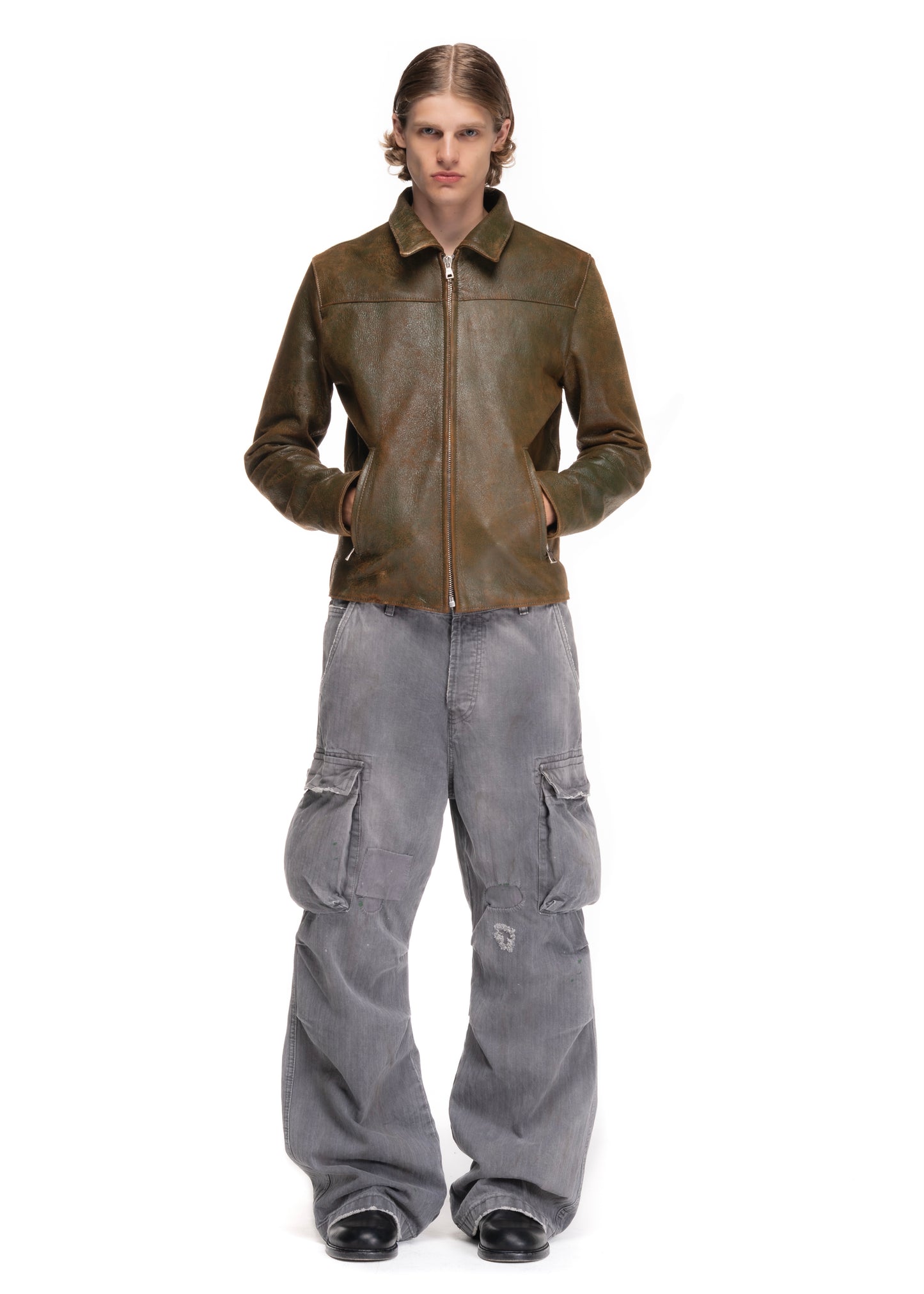 BASIC CUT LEATHER JACKET USED GREEN 002