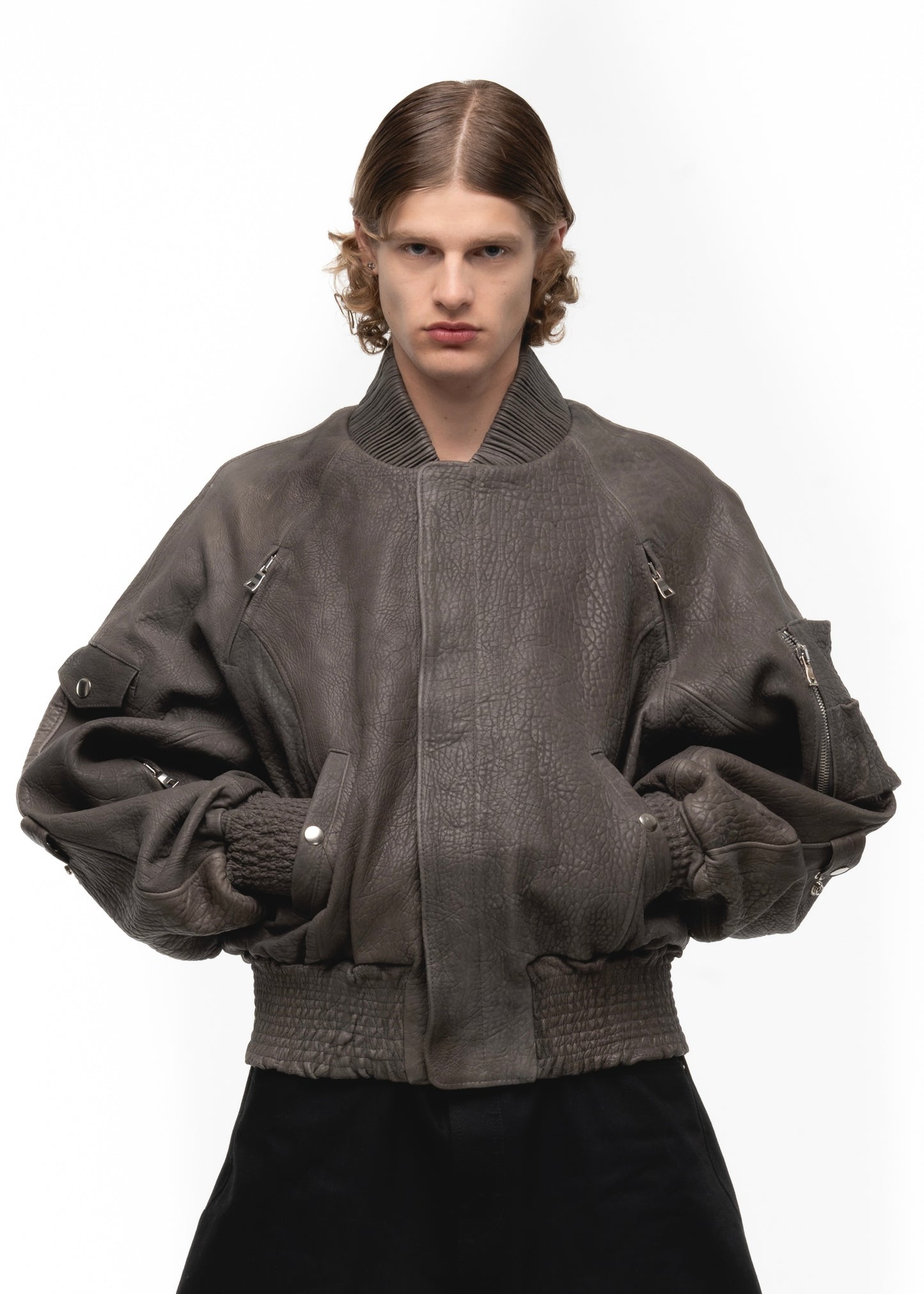 GREY DRIED CONCRETE LEATHER BOMBER