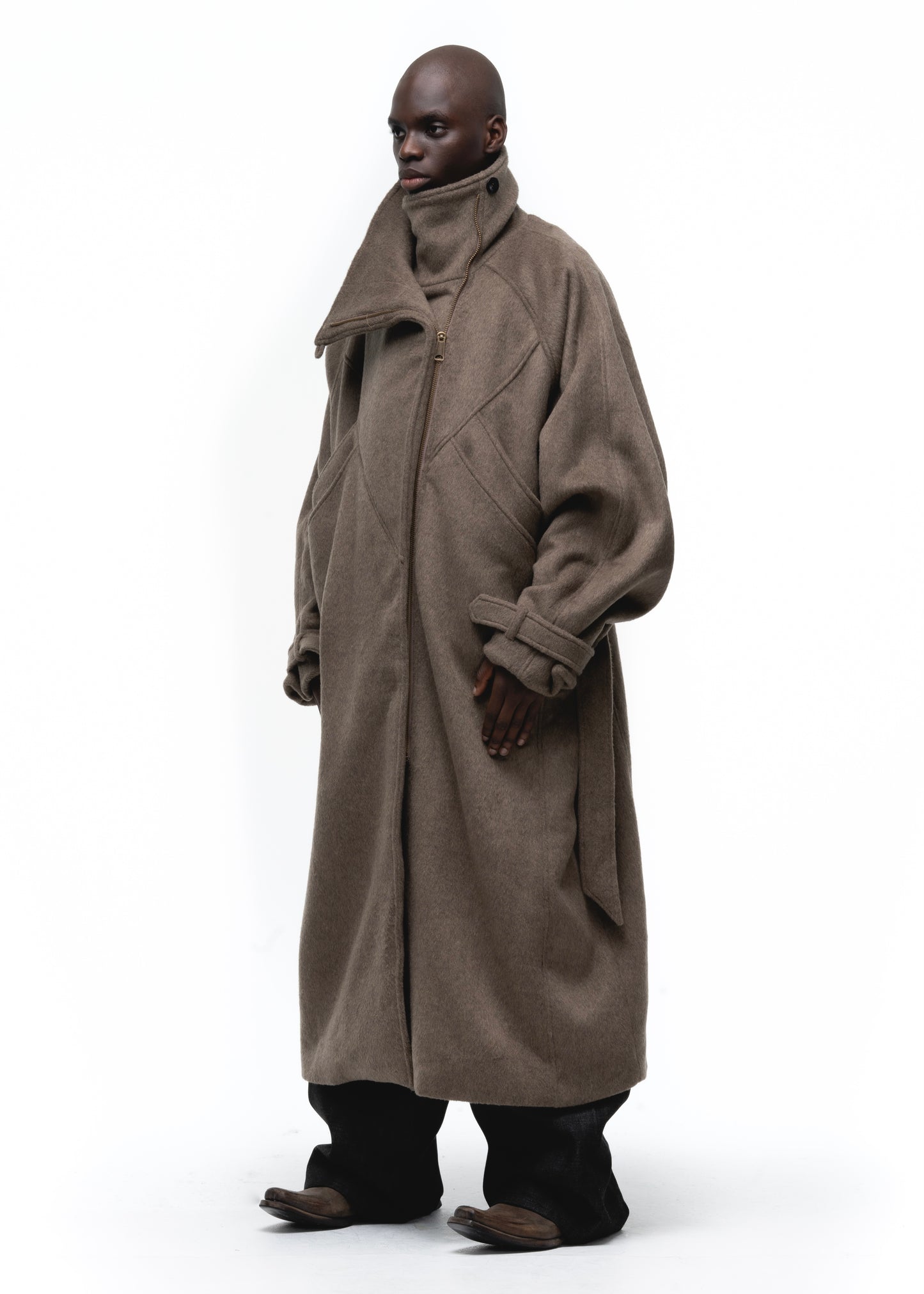 ASYMMETRICAL WOOL COAT EARTH GREEN