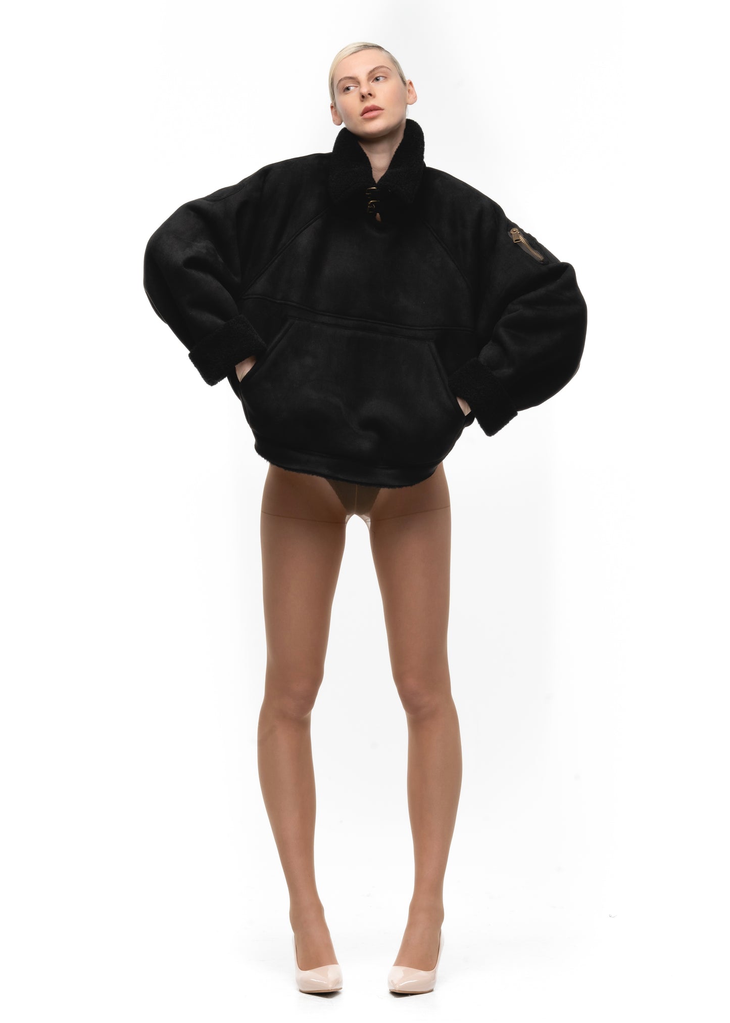 HEAVY FLIGHT SHEARLING HOODIE BLACK WOMEN'S CUT