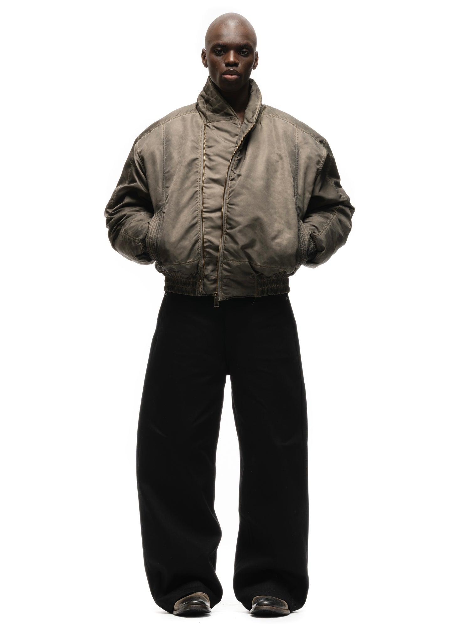 ASYMMETRICAL ZIP BOMBER JACKET USED BEIGE