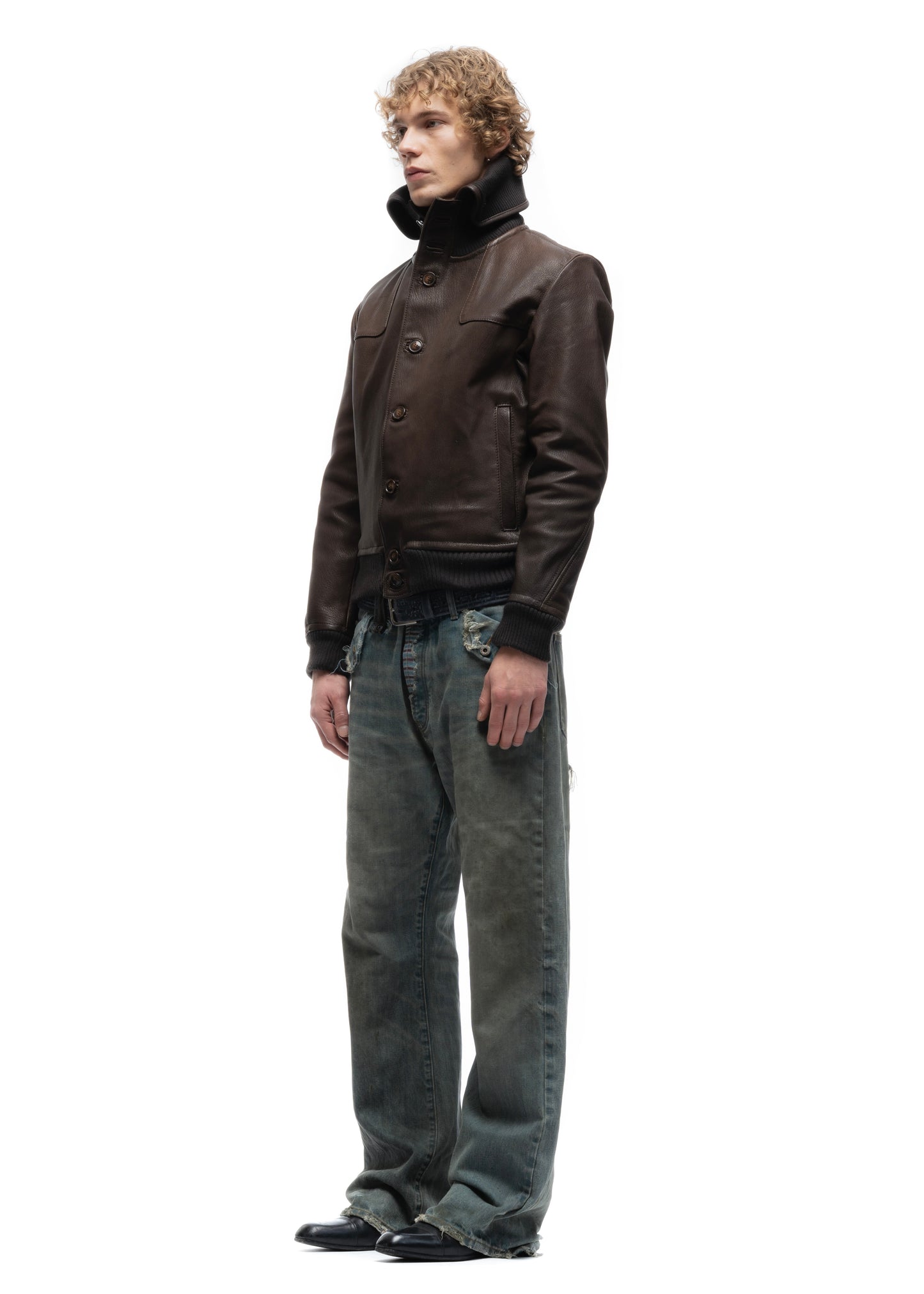 COLLAR UP BUTTON LEATHER JACKET BROWN