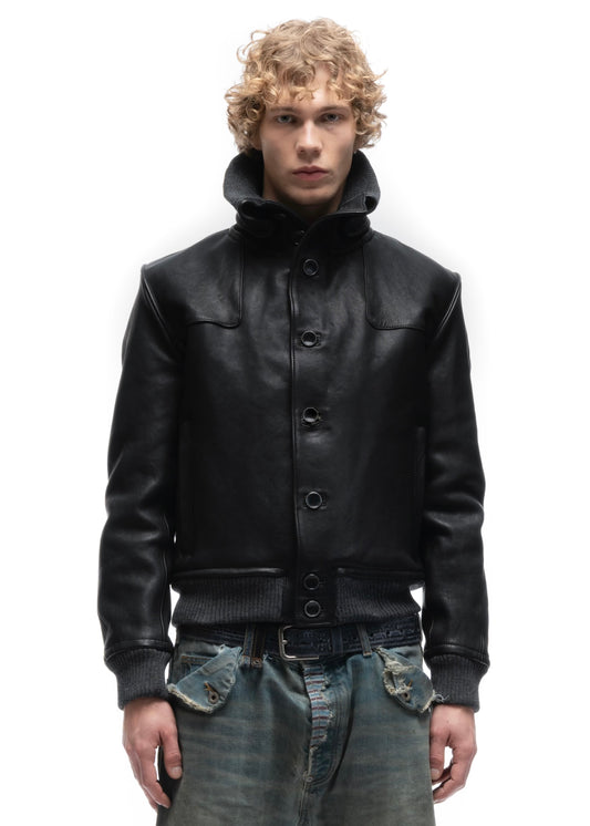 COLLAR UP BUTTON LEATHER JACKET BLACK