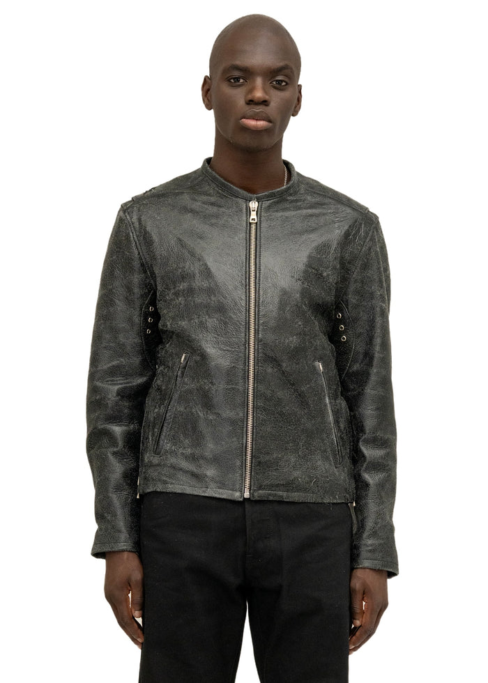 CRACKED BLACK RACER CUT LEATHER JACKET