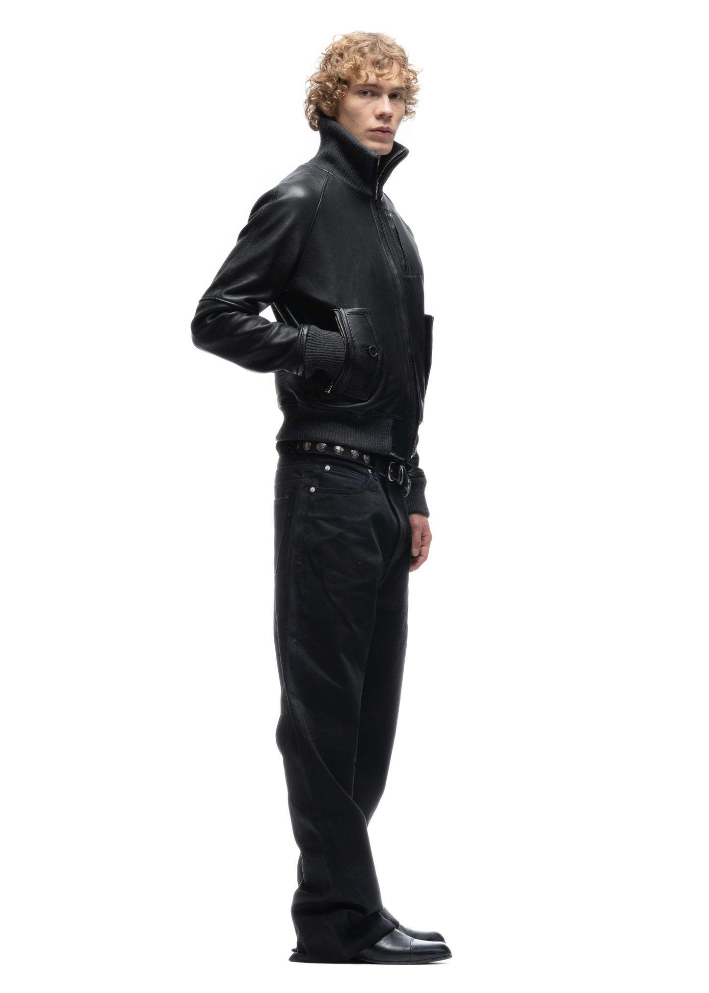 BIKER HIGH COLLAR ZIP LEATHER JACKET