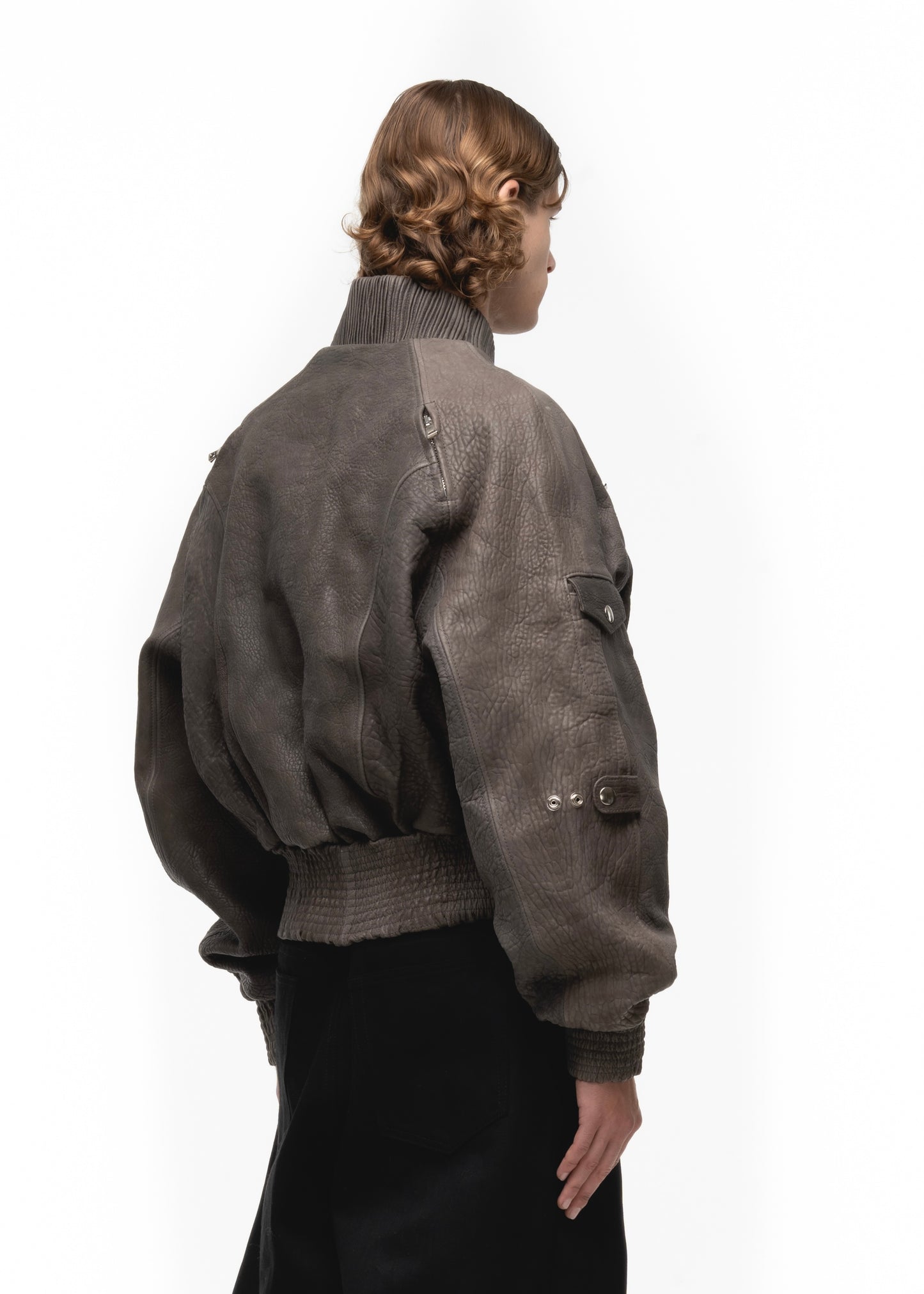 GREY DRIED CONCRETE LEATHER BOMBER