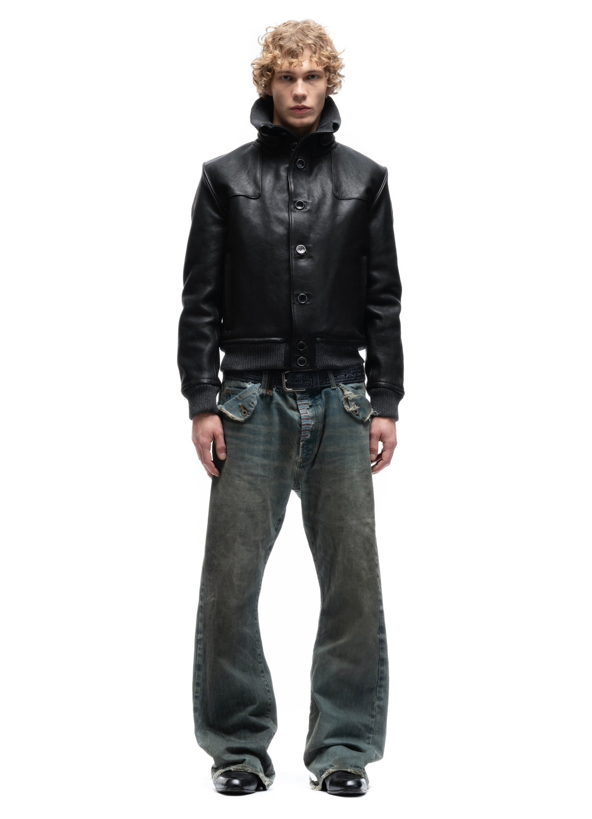 COLLAR UP BUTTON LEATHER JACKET BLACK