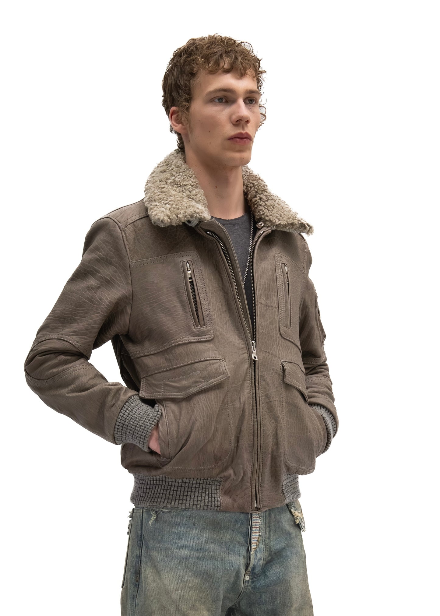 AVIATOR FUR LEATHER JACKET GREY