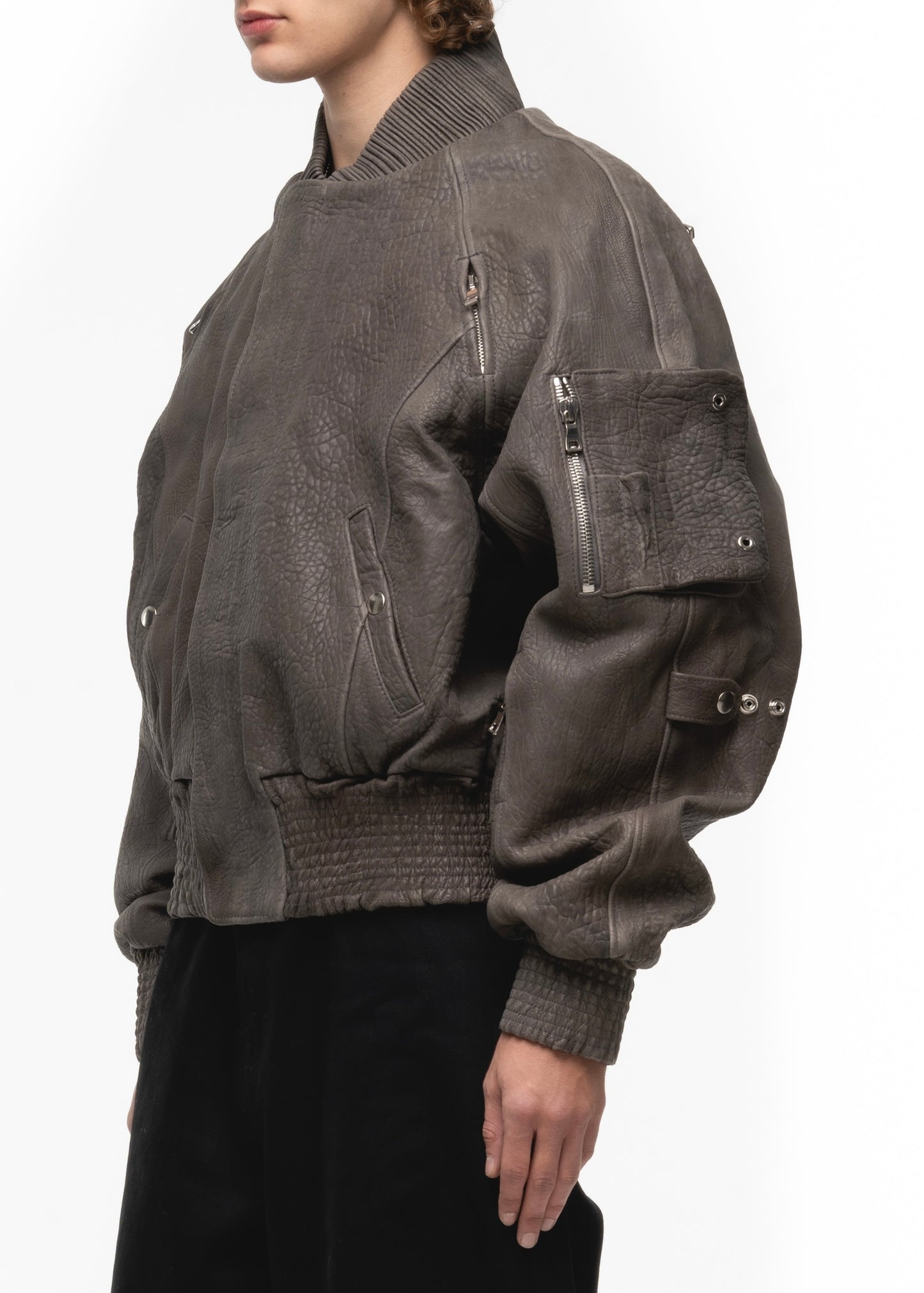 GREY DRIED CONCRETE LEATHER BOMBER