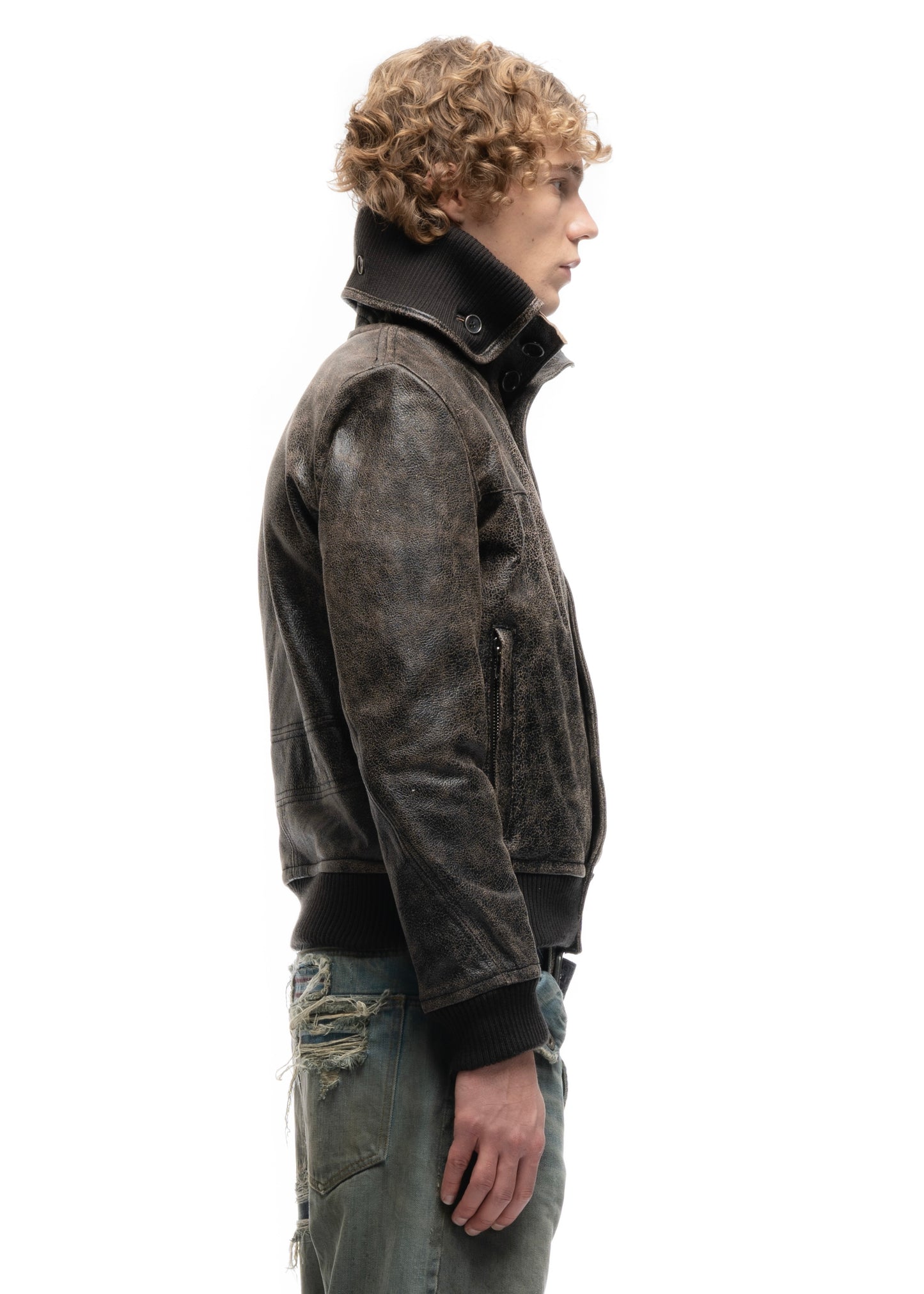 COLLAR UP BUTTON LEATHER JACKET CRACKED USED