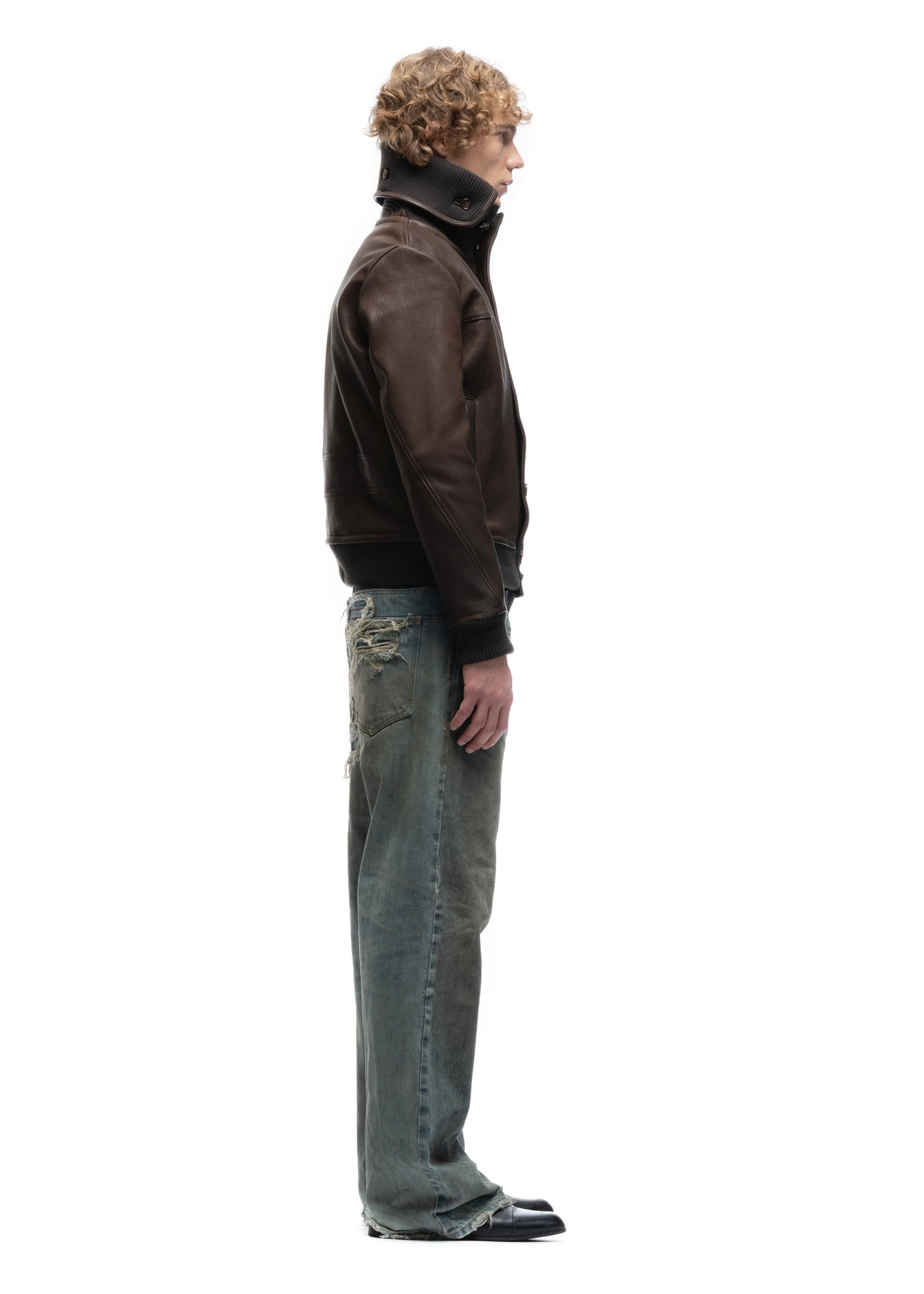 COLLAR UP BUTTON LEATHER JACKET BROWN