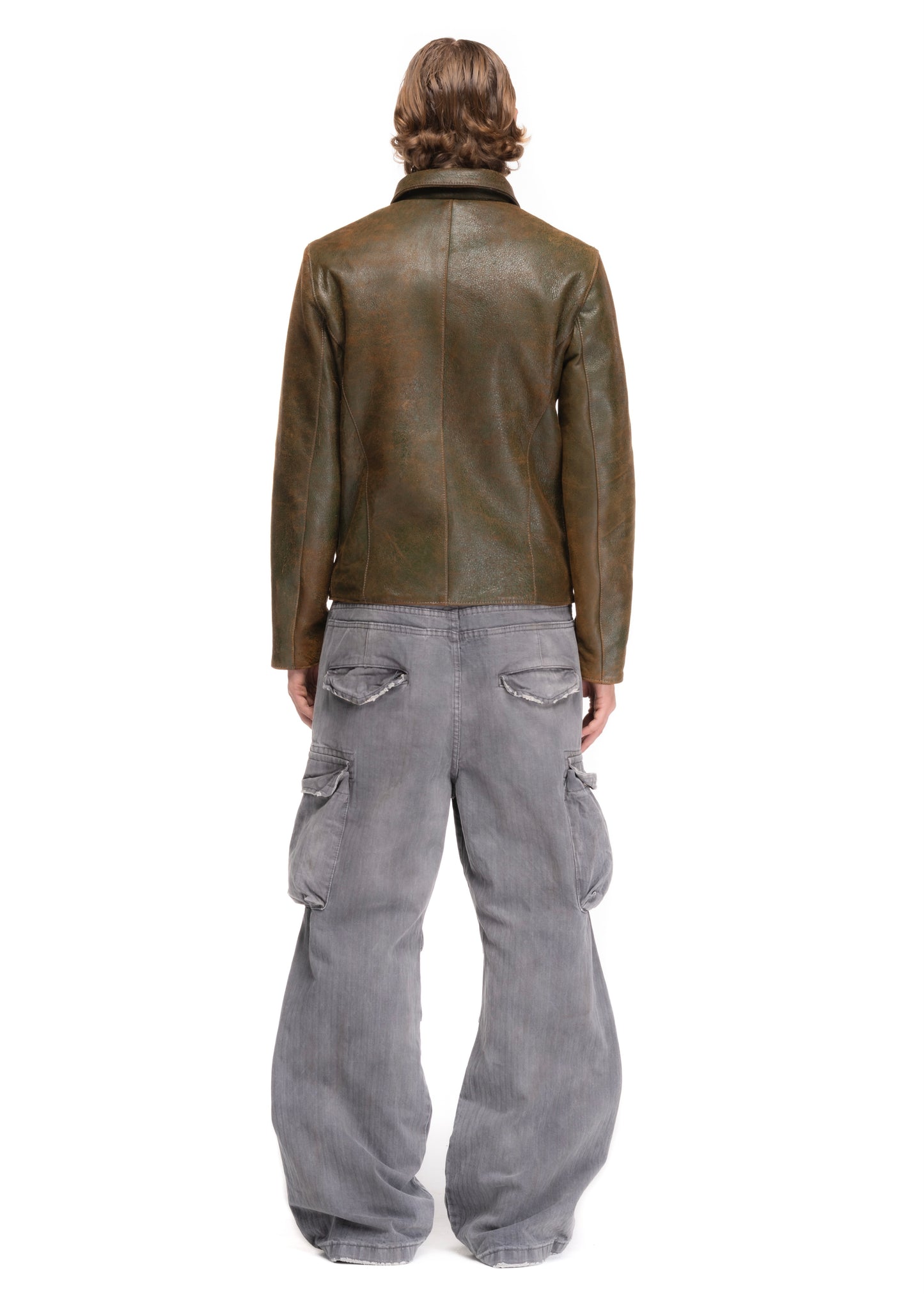 BASIC CUT LEATHER JACKET USED GREEN 002