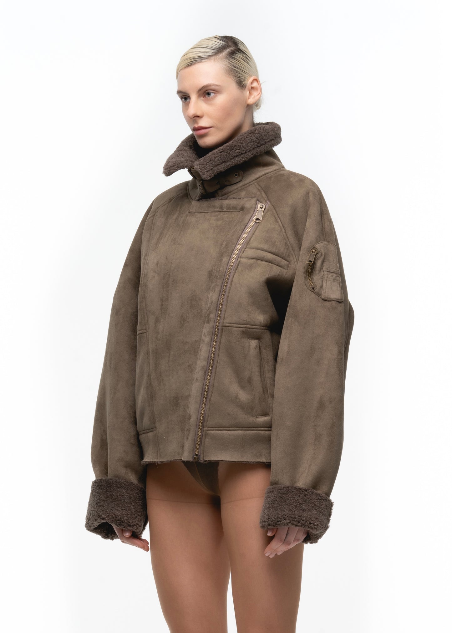 HEAVY FLIGHT SHEARLING JACKET OLIVE WOMEN'S CUT