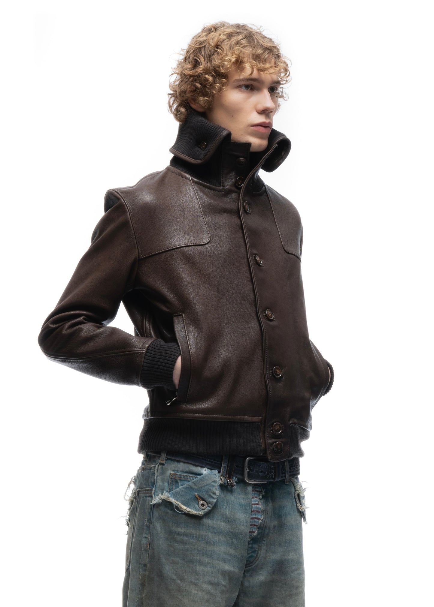 COLLAR UP BUTTON LEATHER JACKET BROWN
