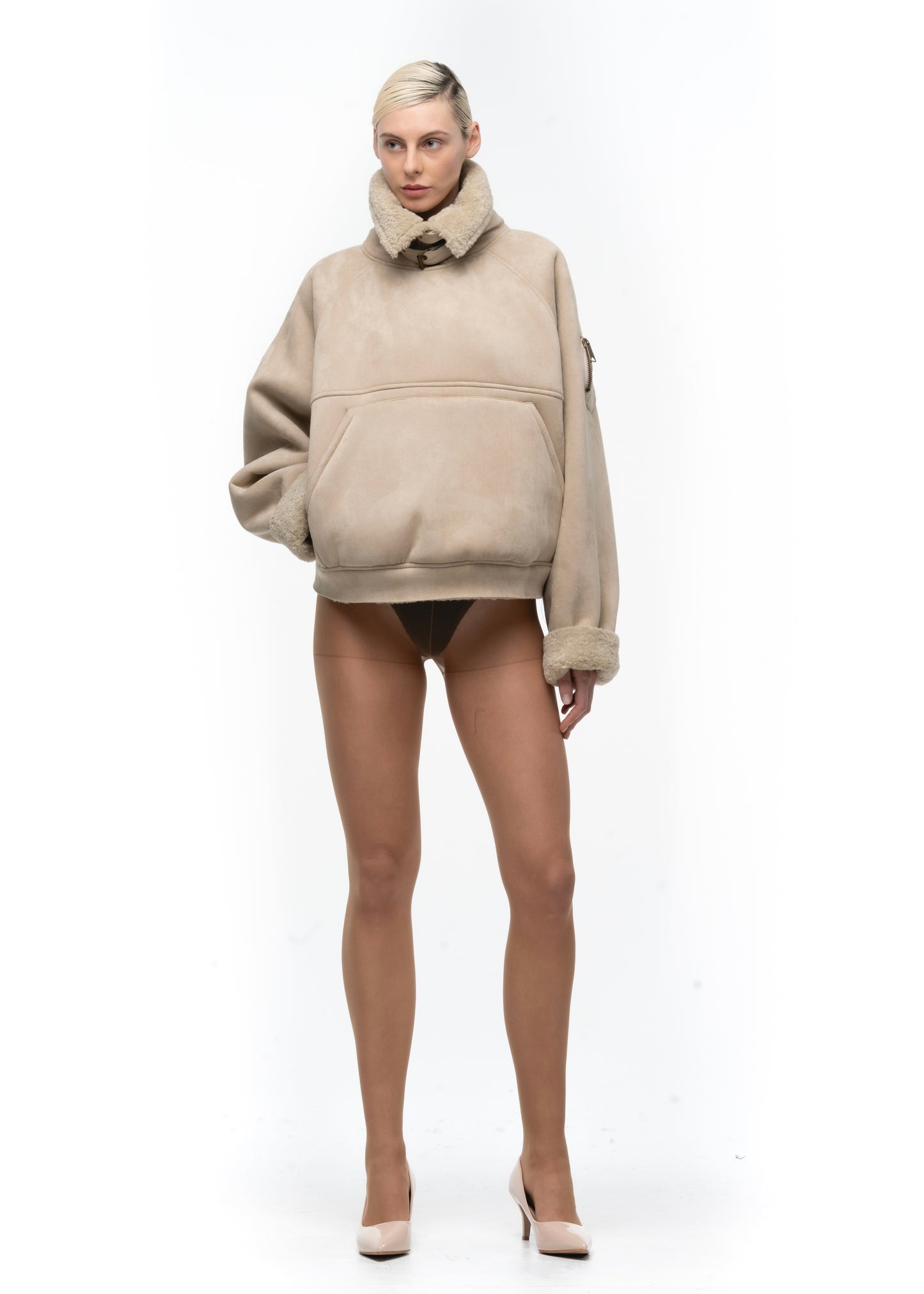 HEAVY FLIGHT SHEARLING HOODIE BEIGE WOMEN'S CUT