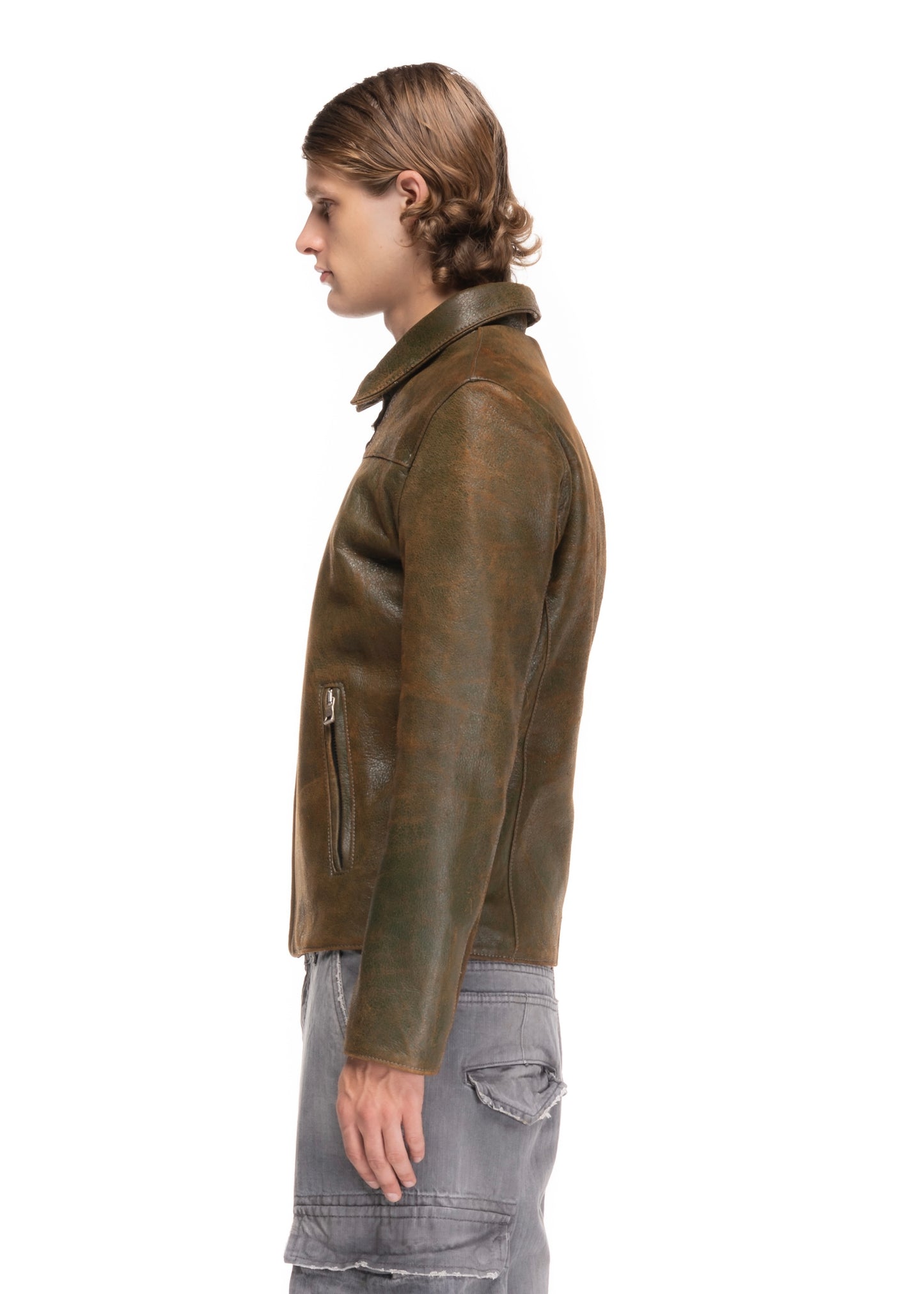 BASIC CUT LEATHER JACKET USED GREEN 002