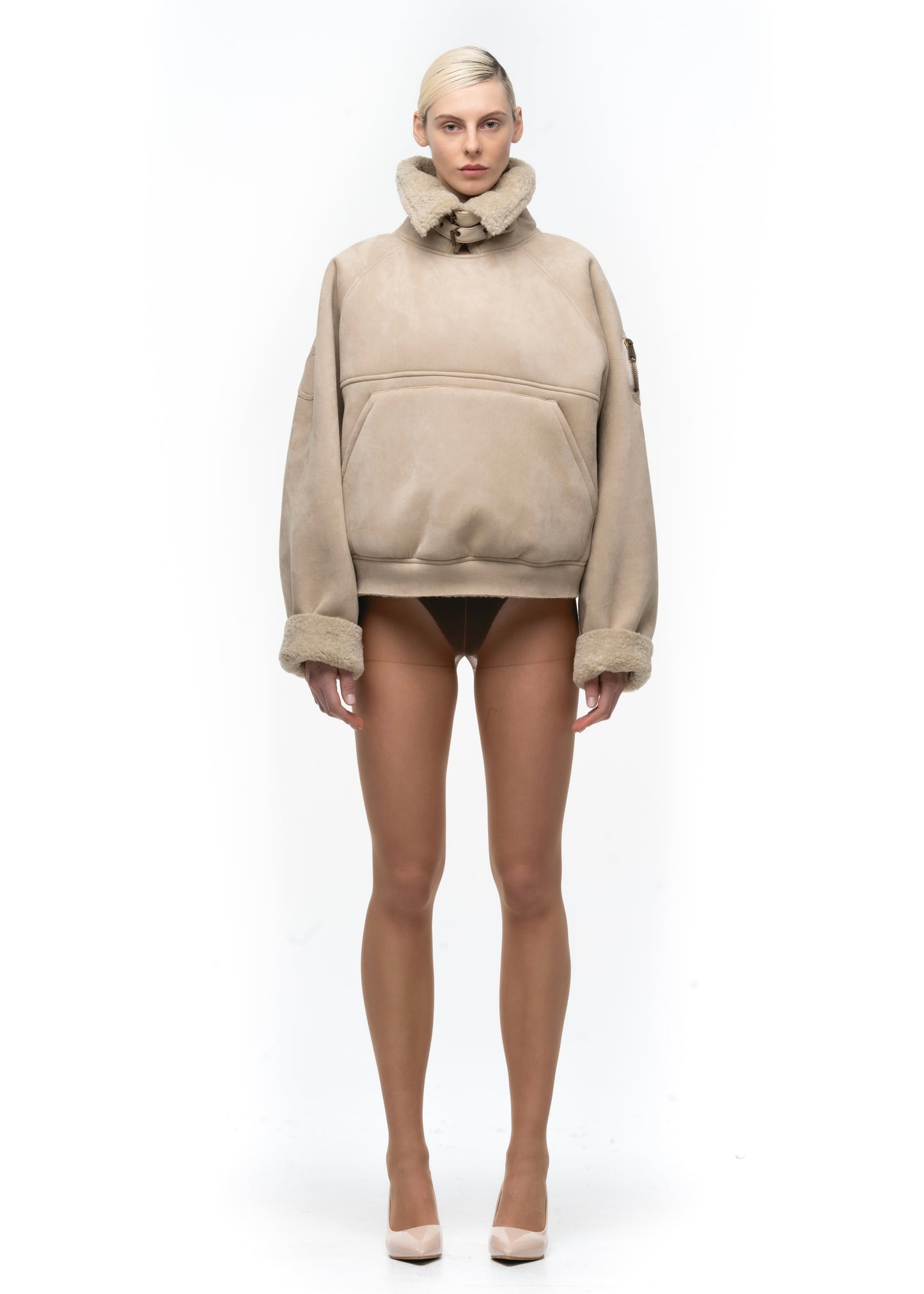 HEAVY FLIGHT SHEARLING HOODIE BEIGE WOMEN'S CUT