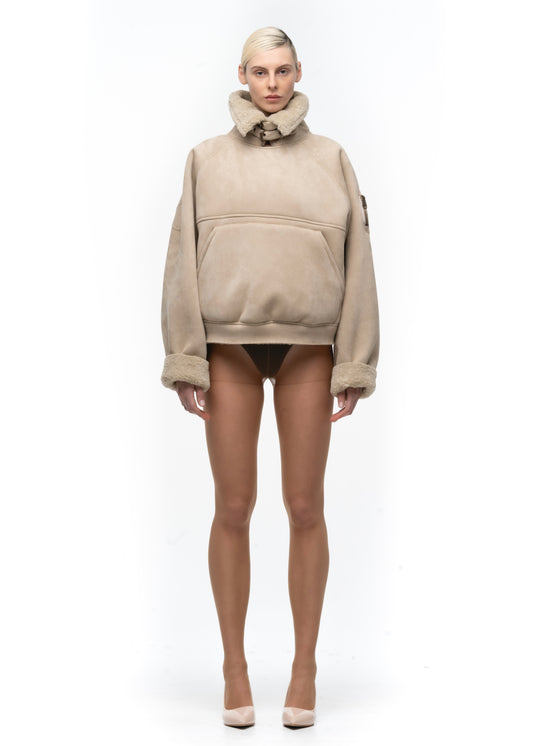 HEAVY FLIGHT SHEARLING HOODIE BEIGE WOMEN'S CUT