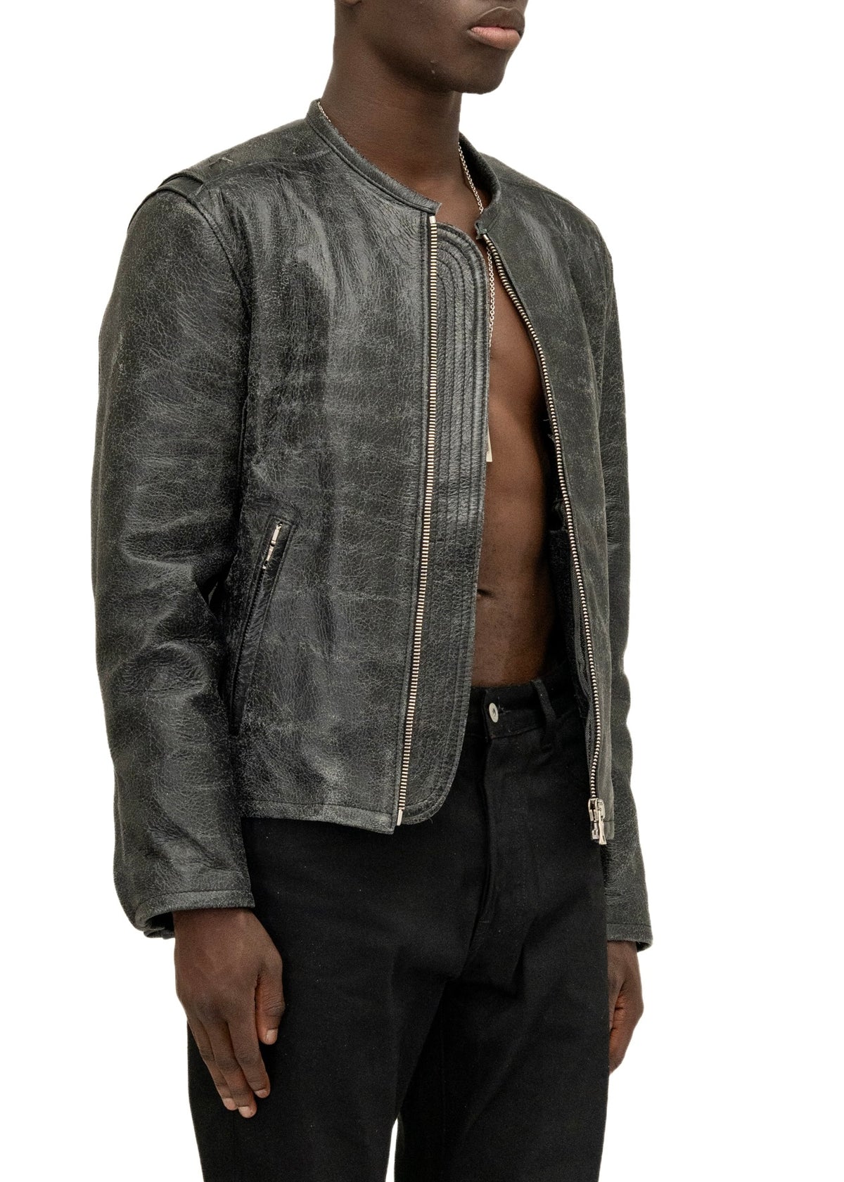 CRACKED BLACK RACER CUT LEATHER JACKET