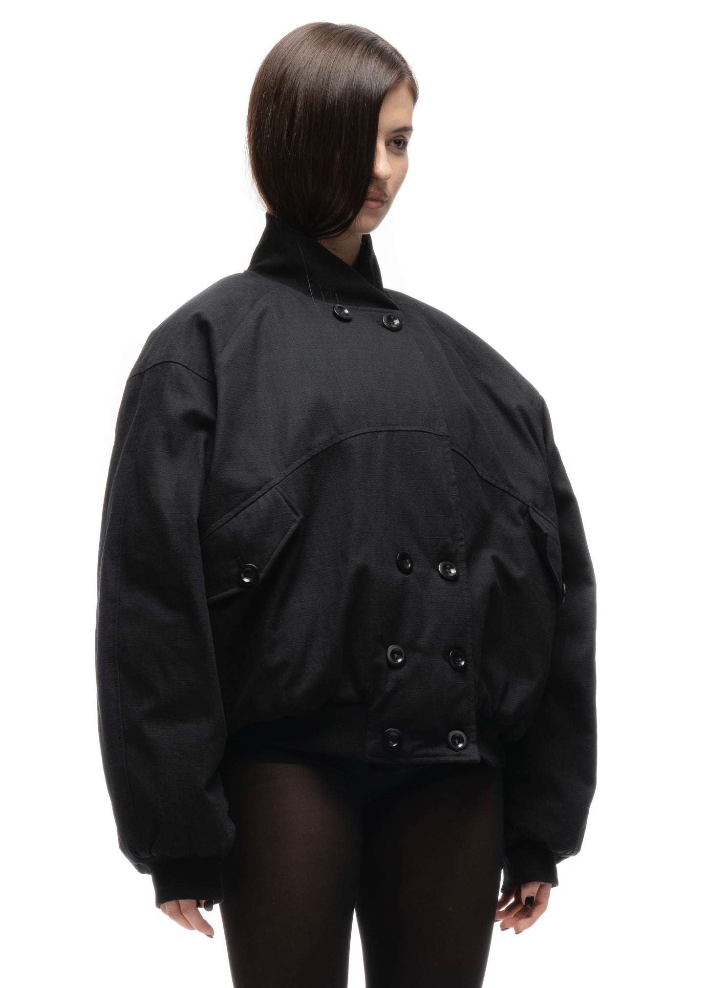 DOUBLE BUTTON BOMBER JACKET STRUCTURED BLACK FEMALE