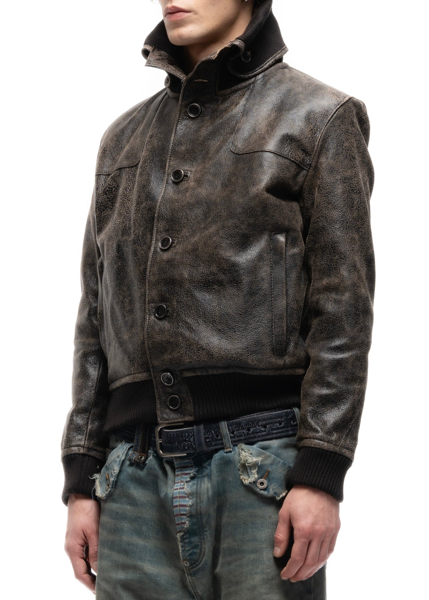 COLLAR UP BUTTON LEATHER JACKET CRACKED USED