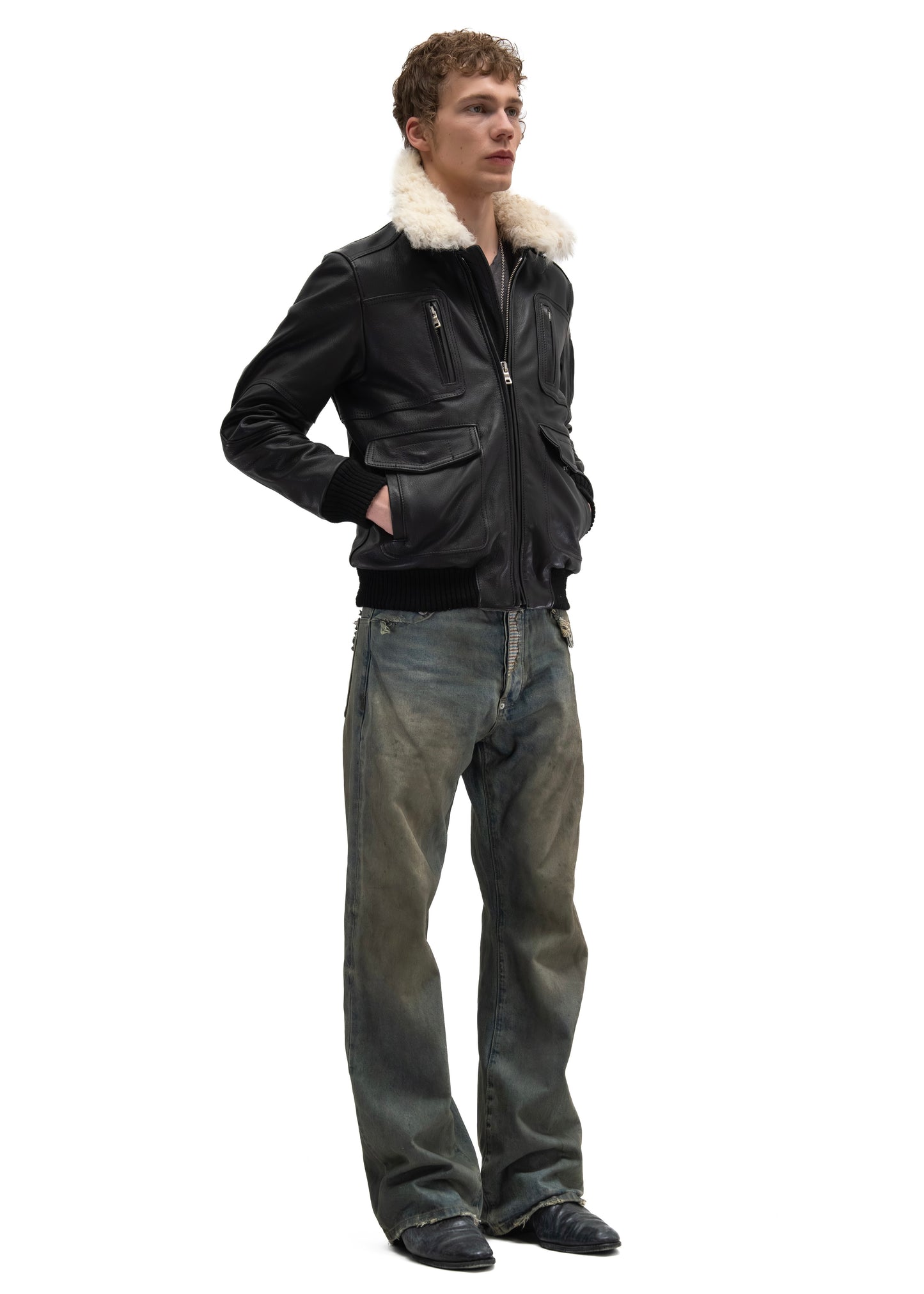 AVIATOR FUR LEATHER JACKET BLACK