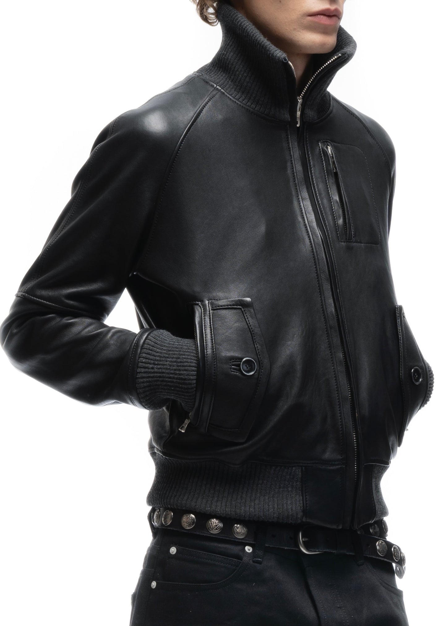 BIKER HIGH COLLAR ZIP LEATHER JACKET