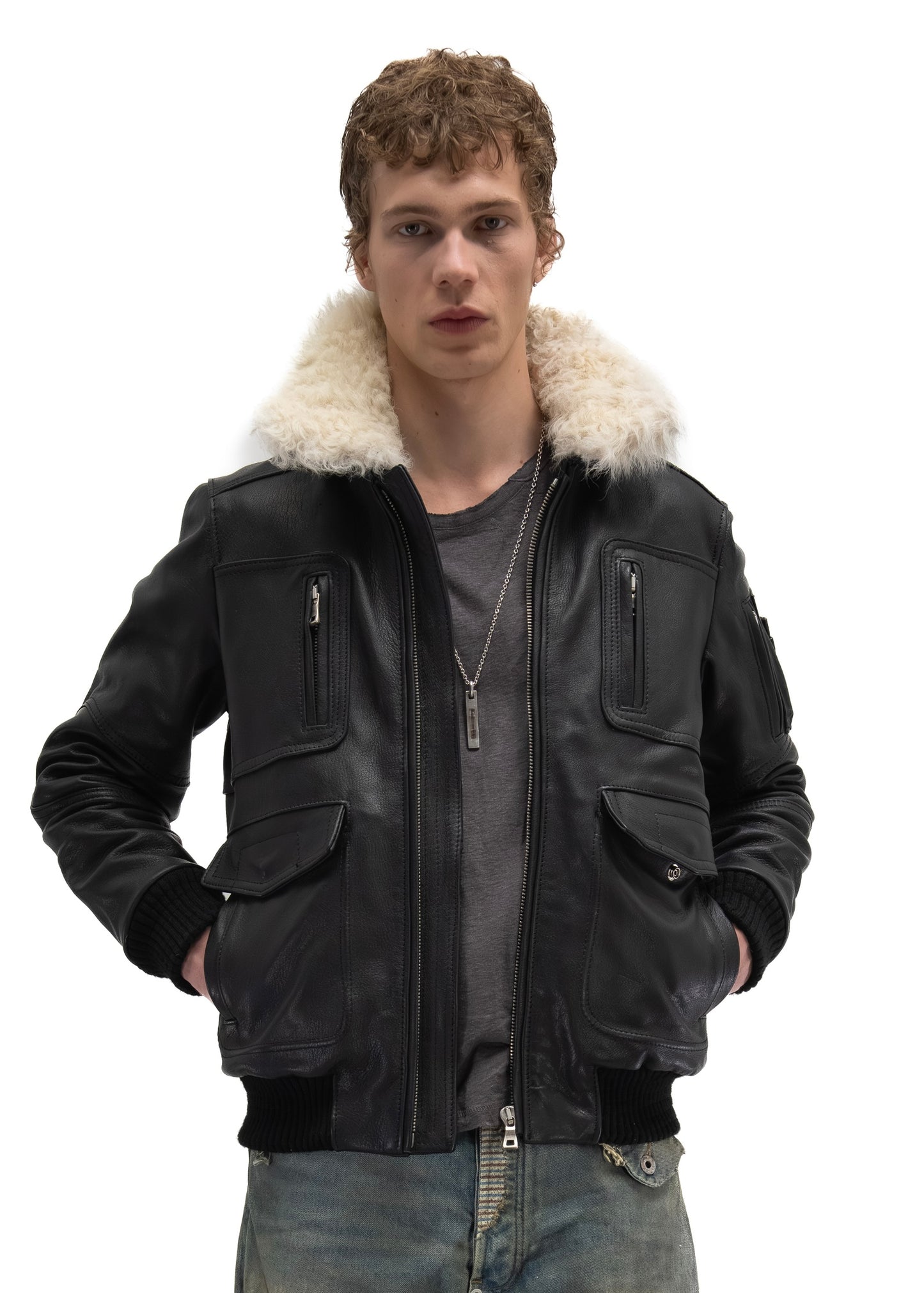 AVIATOR FUR LEATHER JACKET BLACK