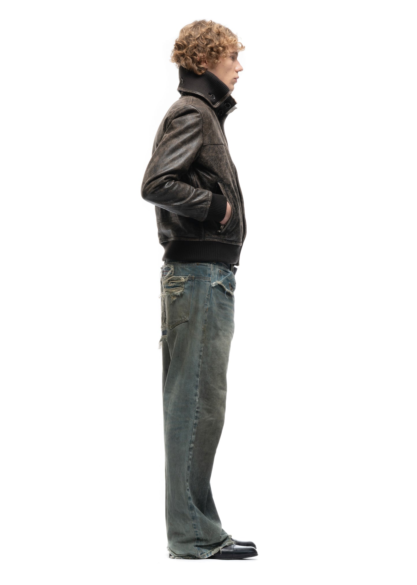 COLLAR UP BUTTON LEATHER JACKET CRACKED USED