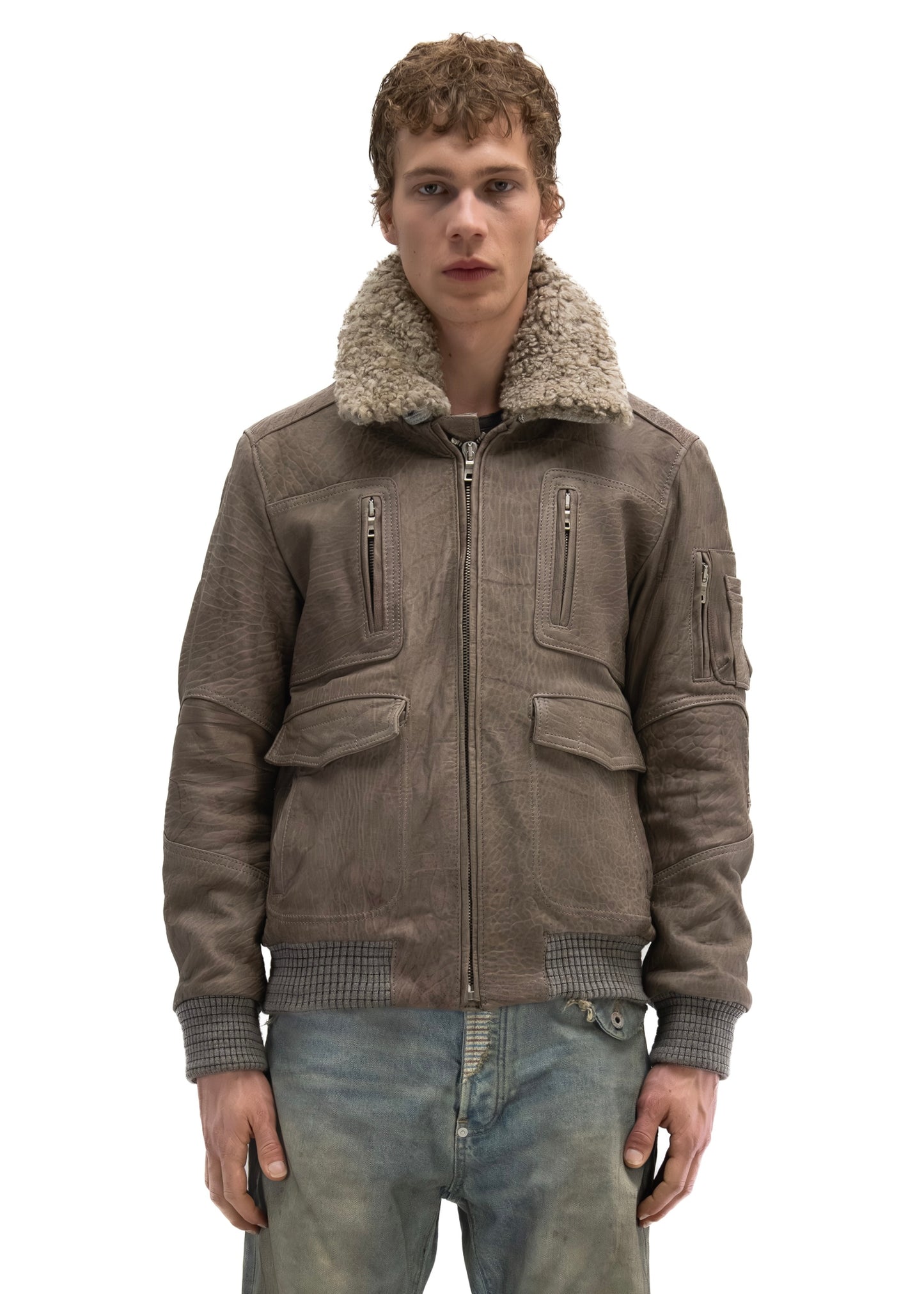 AVIATOR FUR LEATHER JACKET GREY