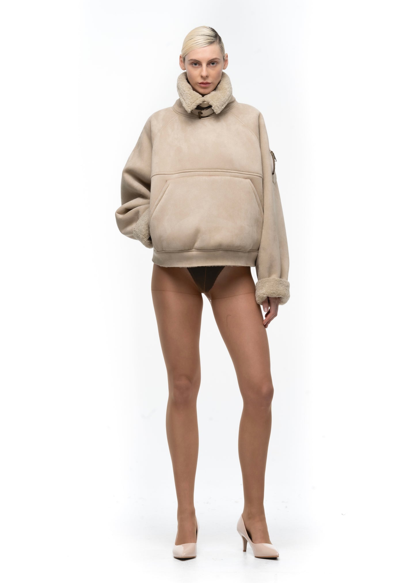 HEAVY FLIGHT SHEARLING HOODIE BEIGE WOMEN'S CUT