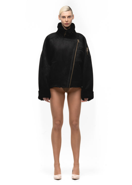 HEAVY FLIGHT SHEARLING JACKET BLACK WOMEN'S CUT