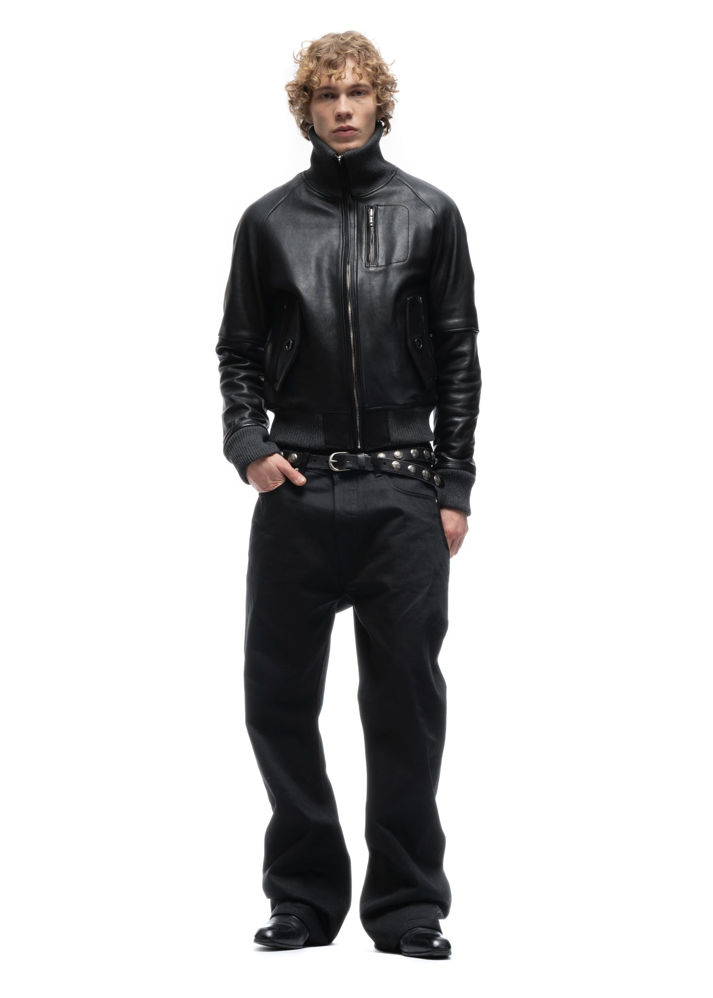 BIKER HIGH COLLAR ZIP LEATHER JACKET