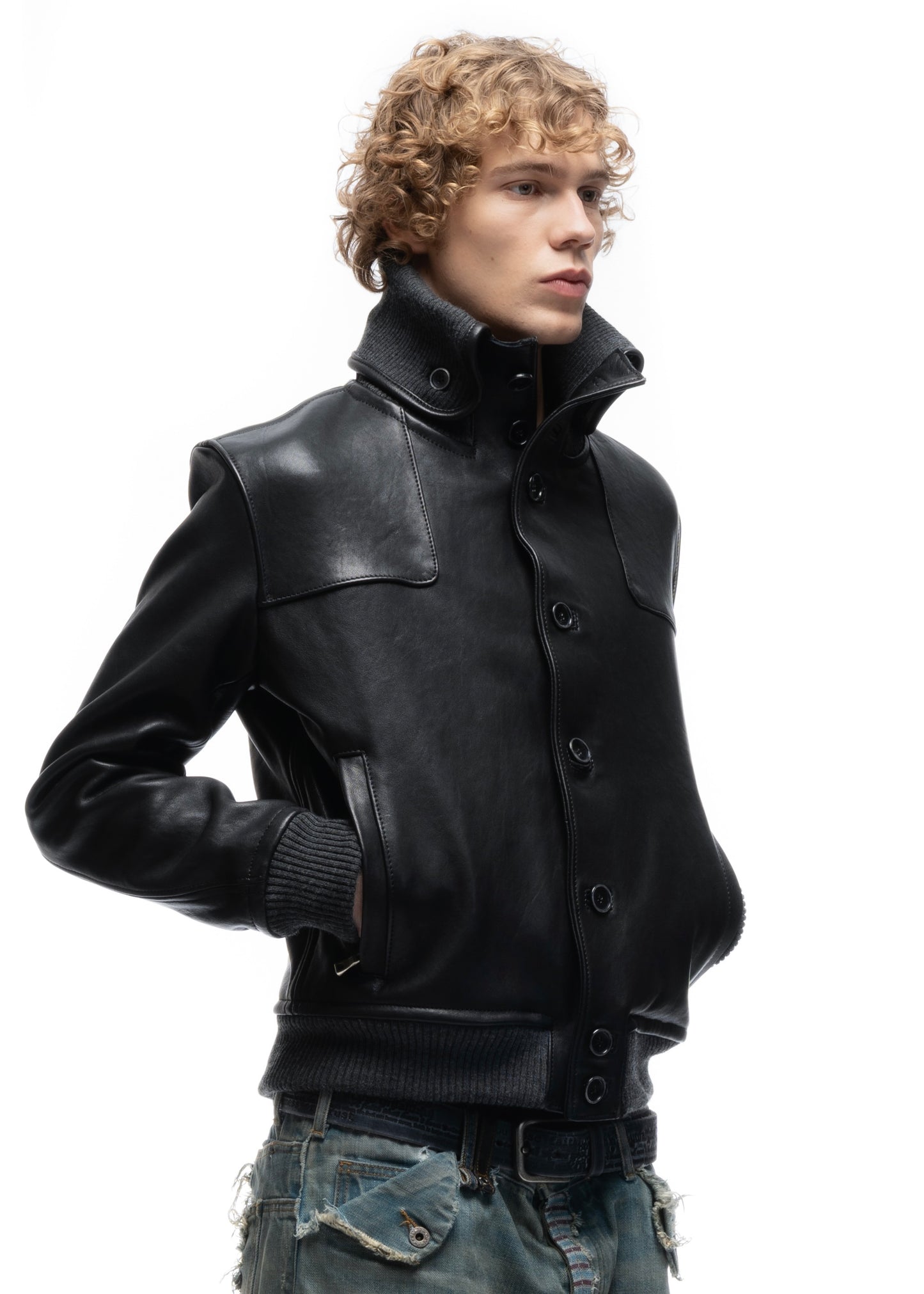 COLLAR UP BUTTON LEATHER JACKET BLACK