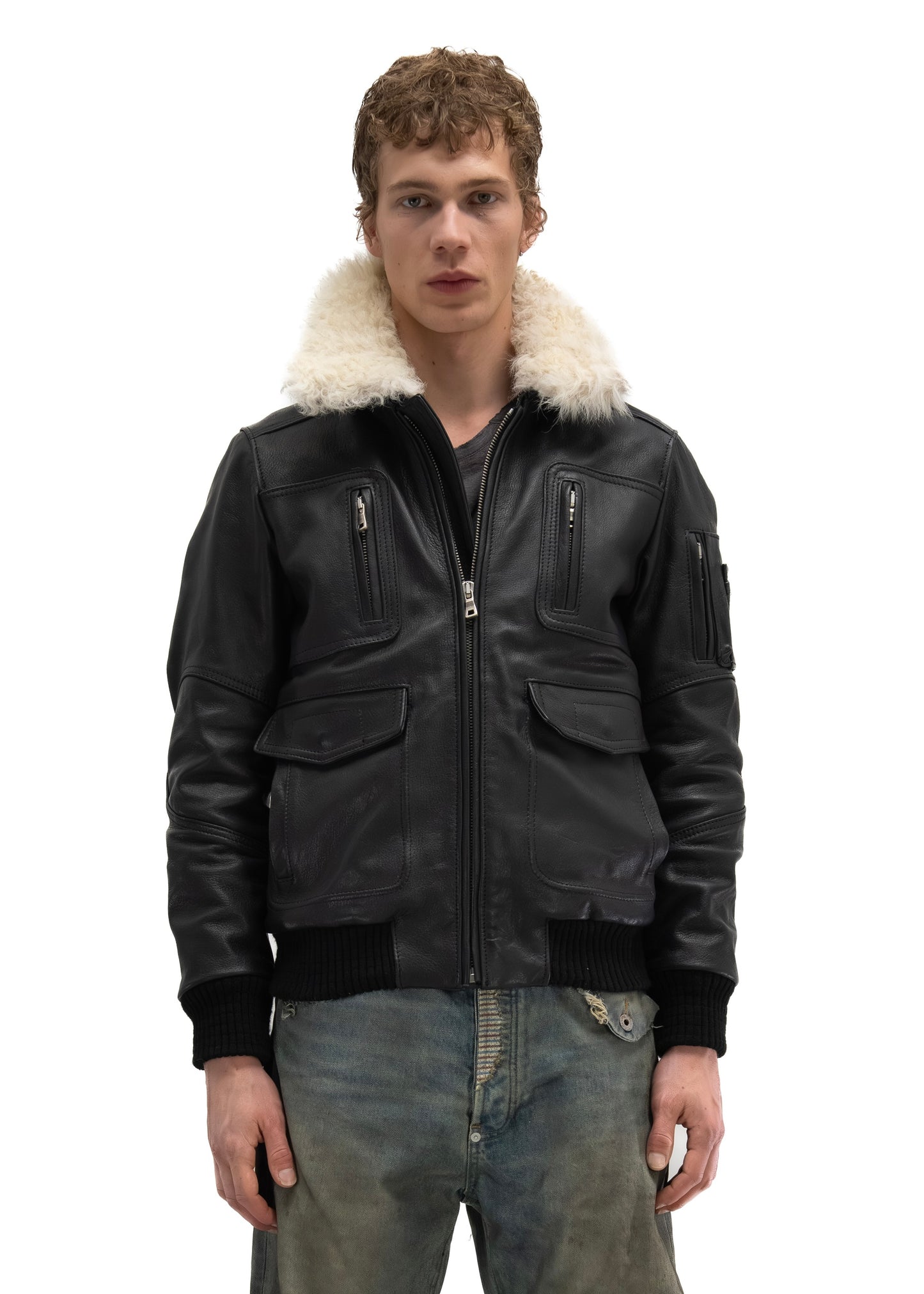 AVIATOR FUR LEATHER JACKET BLACK
